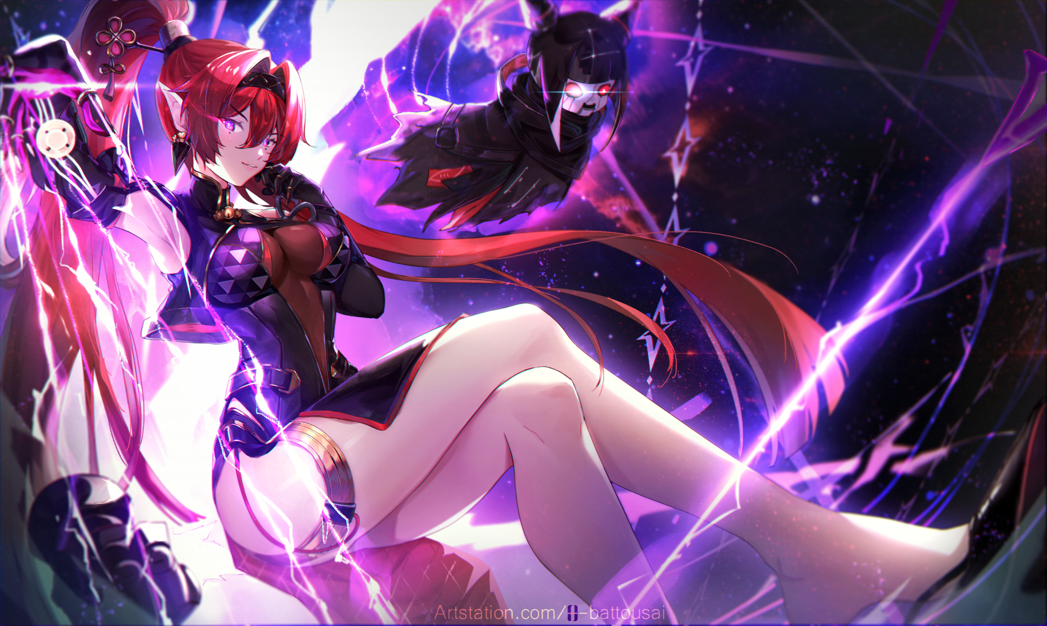 hitokiri battousai, yinlin (wuthering waves), wuthering waves, commentary, english commentary, highres, 1girl, black dress, black gloves, black hairband, black shoes, black vest, breasts, bright pupils, circle facial mark, clothing cutout, cropped vest, crossed legs, double-parted bangs, dress, elbow gloves, electricity, electrokinesis, facial mark, fake claws, floating, foreshortening, gloves, gold trim, hair between eyes, hair ornament, hair stick, hair tubes, hairband, high collar, high ponytail, invisible chair, linea alba, long hair, long pointy ears, mandarin collar, mark under both eyes, medium breasts, metal hair tubes, plunging neckline, pointy ears, ponytail, purple eyes, red hair, see-through clothes, see-through midriff, shoes, short dress, single hair tube, sitting, skin tight, solo, underboob cutout, v-shaped eyebrows, very long hair, vest, white pupils, zapstring (wuthering waves)