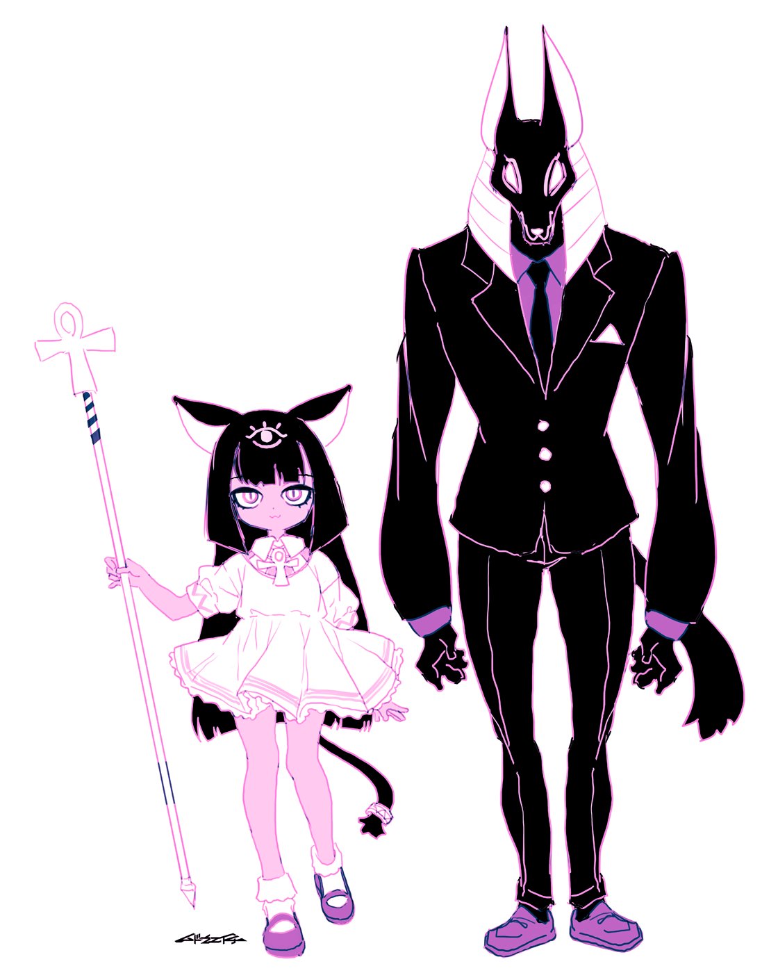 mudou eichi, anubis (mythology), bastet (mythology), egyptian mythology, original, commentary request, highres, 1boy, 1girl, ancient egyptian, bobby socks, cat girl, dress, formal clothes, holding, holding scepter, looking at viewer, mary janes, necktie, scepter, shoes, sketch, smile, socks, suit