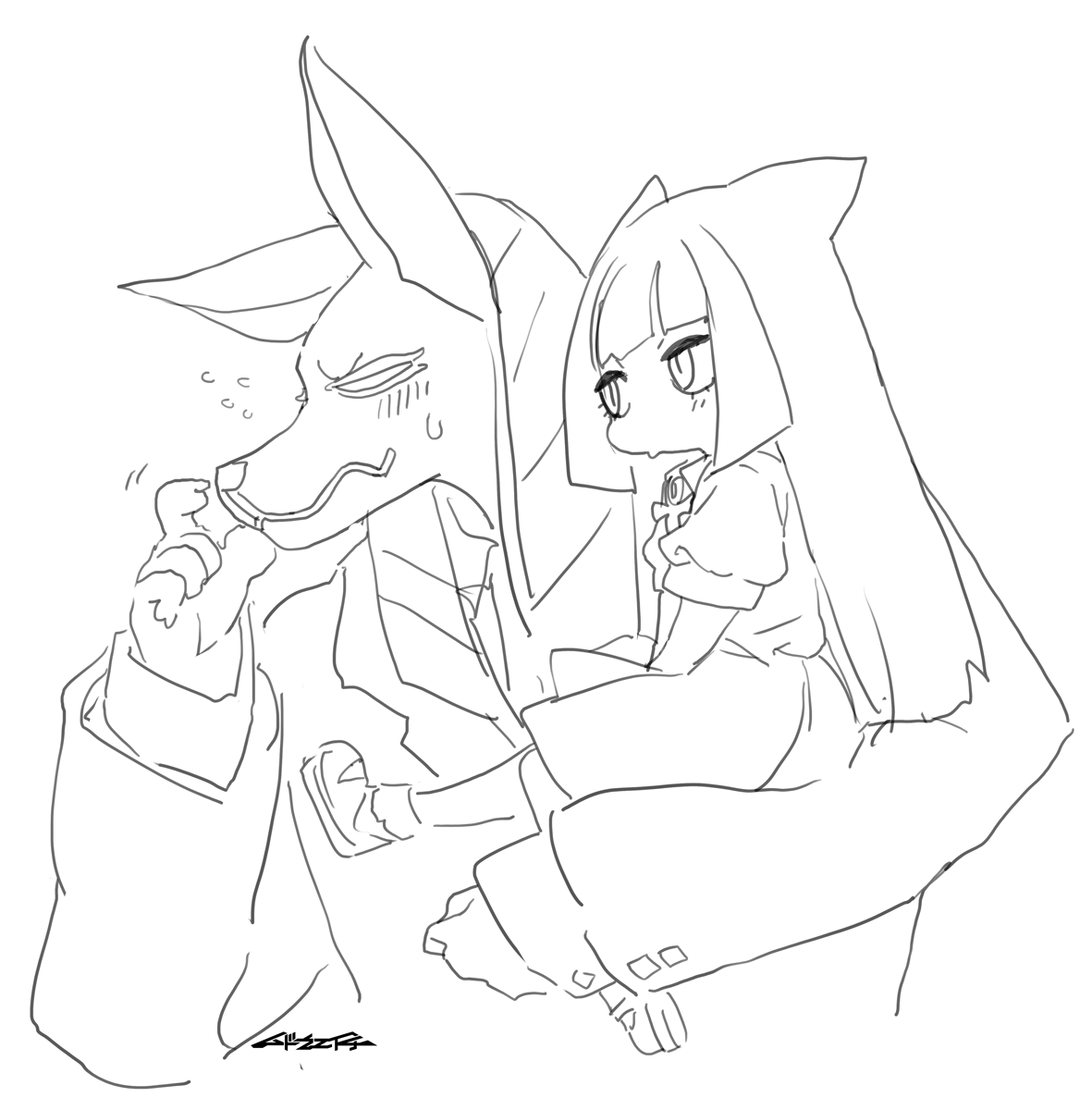 mudou eichi, anubis (mythology), bastet (mythology), egyptian mythology, original, commentary request, highres, 1boy, 1girl, ancient egyptian, bobby socks, carrying, carrying person, cat girl, dress, embarrassed, formal clothes, looking at another, mary janes, monochrome, shoes, sketch, socks, suit