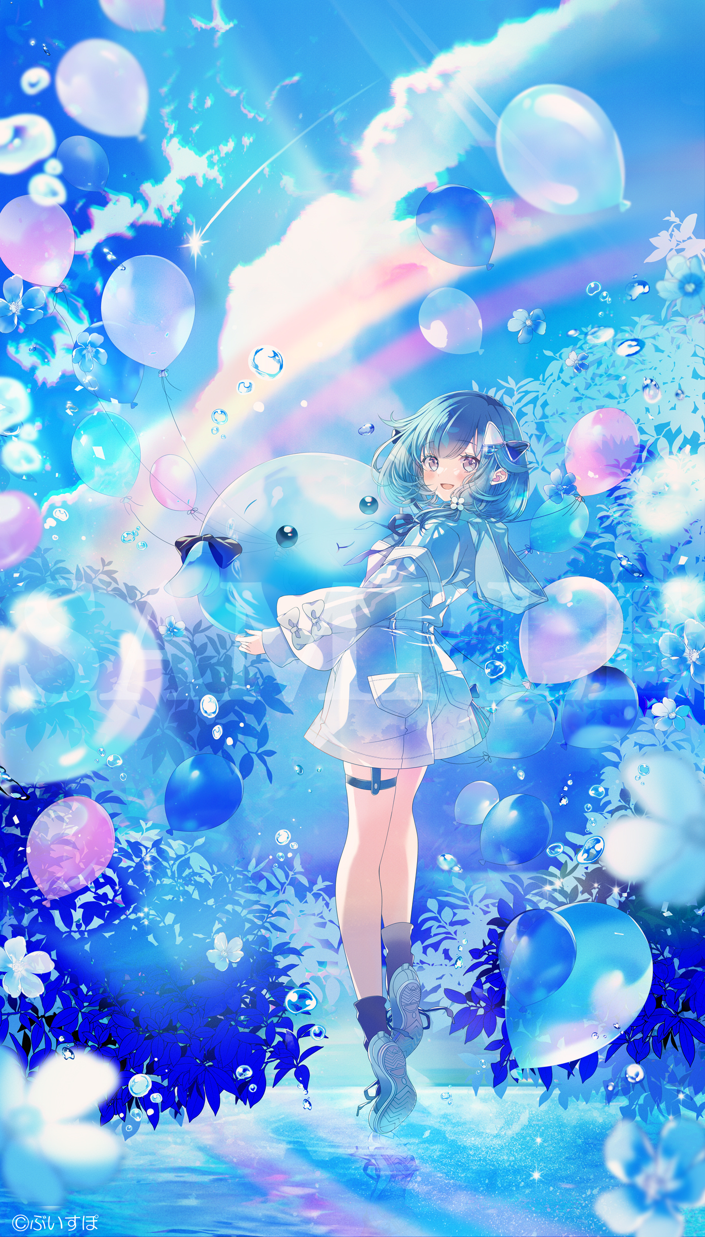 seri sketch, tsumugi kokage, vspo!, absurdres, commentary request, highres, 1girl, :d, artist name, balloon, bare legs, blue flower, blue hair, blue leaf, blue shirt, blue skirt, bow, chromatic aberration, cloud, flower, flying, full body, gradient eyes, hair bow, hood, hood down, long sleeves, looking at viewer, medium hair, multicolored eyes, open mouth, outdoors, puffy long sleeves, puffy sleeves, rainbow, sample watermark, shirt, shoes, shooting star, skirt, sky, slime (creature), smile, sneakers, socks, solo, thigh strap, water, water drop, watermark