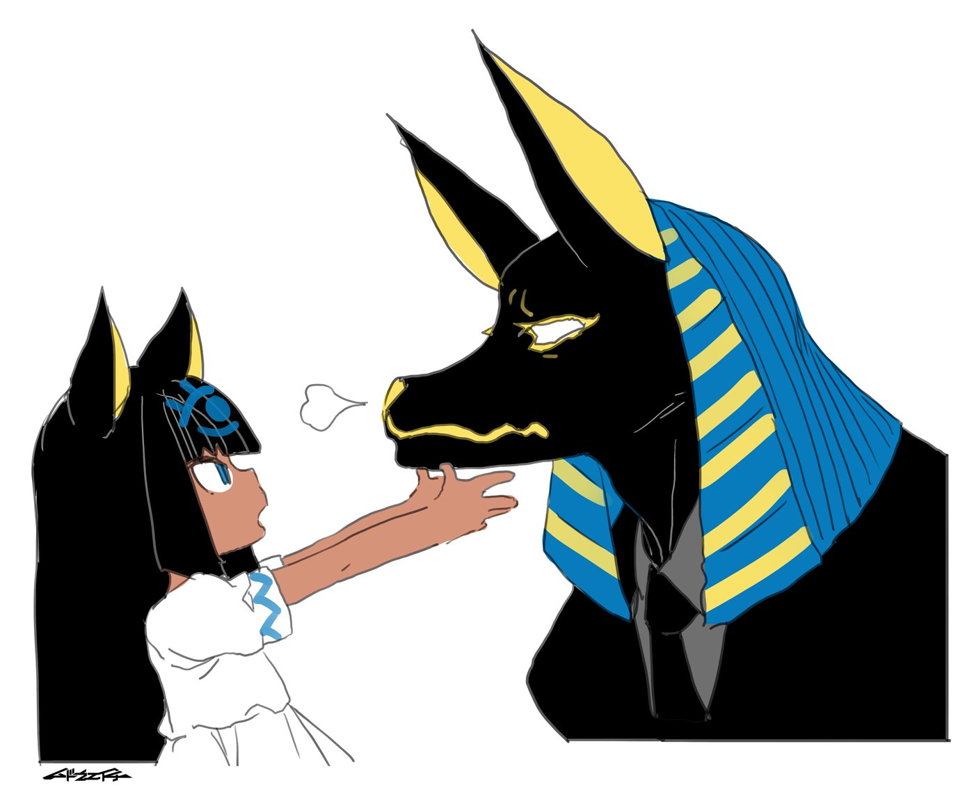 mudou eichi, anubis (mythology), bastet (mythology), egyptian mythology, original, 1boy, 1girl, ancient egyptian, black hair, blue eyes, cat girl, dark-skinned female, dark skin, dress, formal clothes, hime cut, long hair, reaching, reaching towards another, sketch, suit