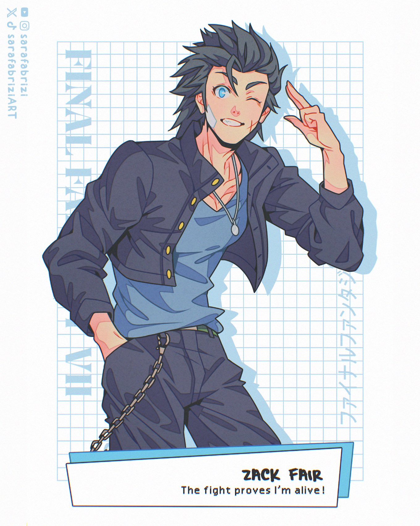 sarafabrizi, zack fair, final fantasy, final fantasy vii, final fantasy vii: ever crisis, commentary, english commentary, highres, 1boy, bandaid, bandaid on cheek, bandaid on face, black hair, black jacket, black pants, blue eyes, blue shirt, character name, checkered background, collarbone, cowboy shot, cross scar, delinquent, english text, facial scar, gakuran, grin, hand in pocket, hand up, jacket, jewelry, looking at viewer, male focus, necklace, official alternate costume, one eye closed, open clothes, open jacket, pants, ranguage, scar, scar on cheek, scar on face, school uniform, shirt, short hair, smile, solo, spiked hair, wallet chain, zack fair (midgard seventh high school)