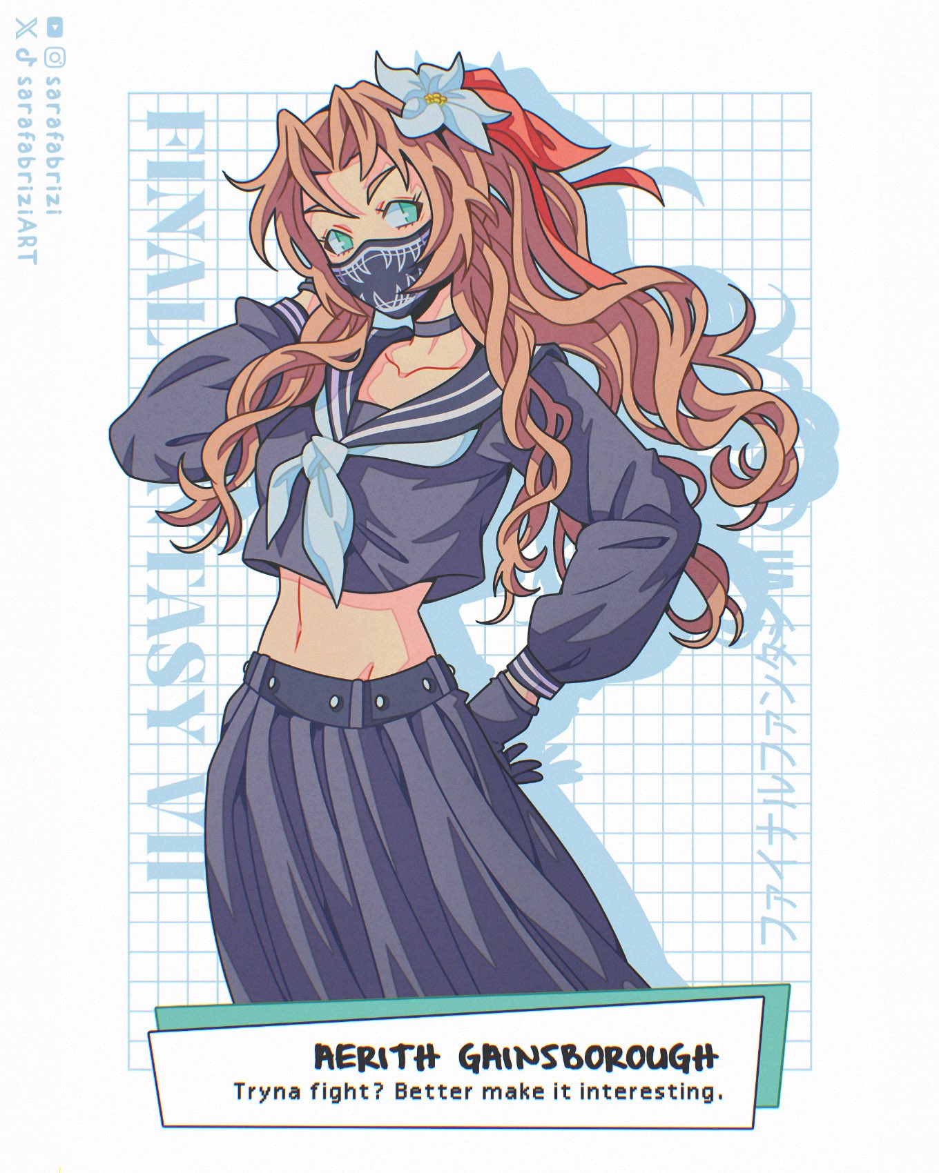 sarafabrizi, aerith gainsborough, final fantasy, final fantasy vii, final fantasy vii: ever crisis, commentary, english commentary, highres, 1girl, aerith gainsborough (midgard seventh high school), black choker, black gloves, black sailor collar, black serafuku, black skirt, character name, choker, collarbone, cowboy shot, cropped shirt, delinquent, english text, flower, gloves, green eyes, hair flower, hair ornament, hair ribbon, hand on own hip, long hair, mask, midriff, mouth mask, navel, neckerchief, official alternate costume, orange hair, pink ribbon, ribbon, sailor collar, school uniform, serafuku, skirt, solo, sukeban, white flower, white neckerchief