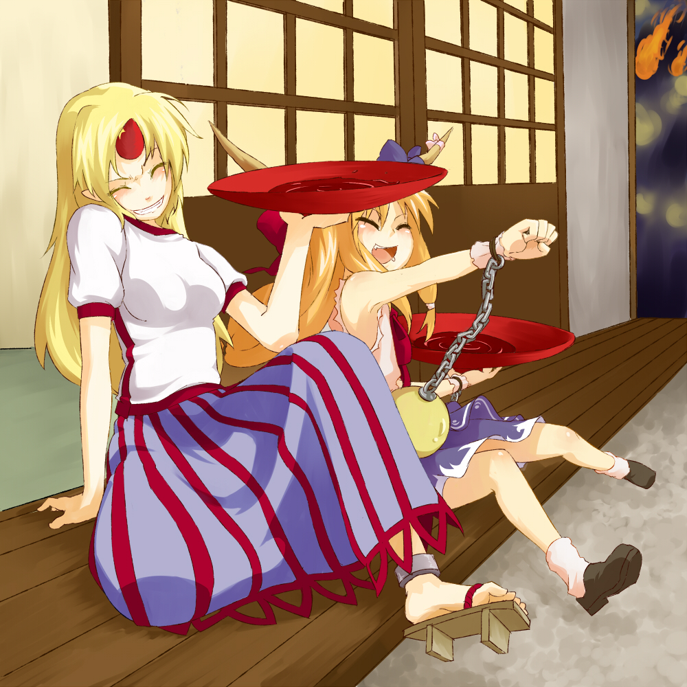 riwon, riwon (junpei0122), hoshiguma yuugi, ibuki suika, touhou, 2girls, alcohol, blonde hair, chain, closed eyes, cup, drunk, fang, female focus, geta, grin, horns, long hair, multiple girls, pointy ears, porch, sakazuki, sake, sandals, single horn, sitting, smile, veranda