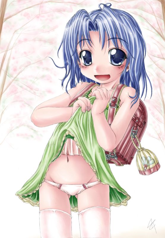 lunatic children, bag, blue eyes, blue hair, blush, clothes lift, flat chest, loli, panties, school bag, skirt, skirt lift, thighhighs, underwear