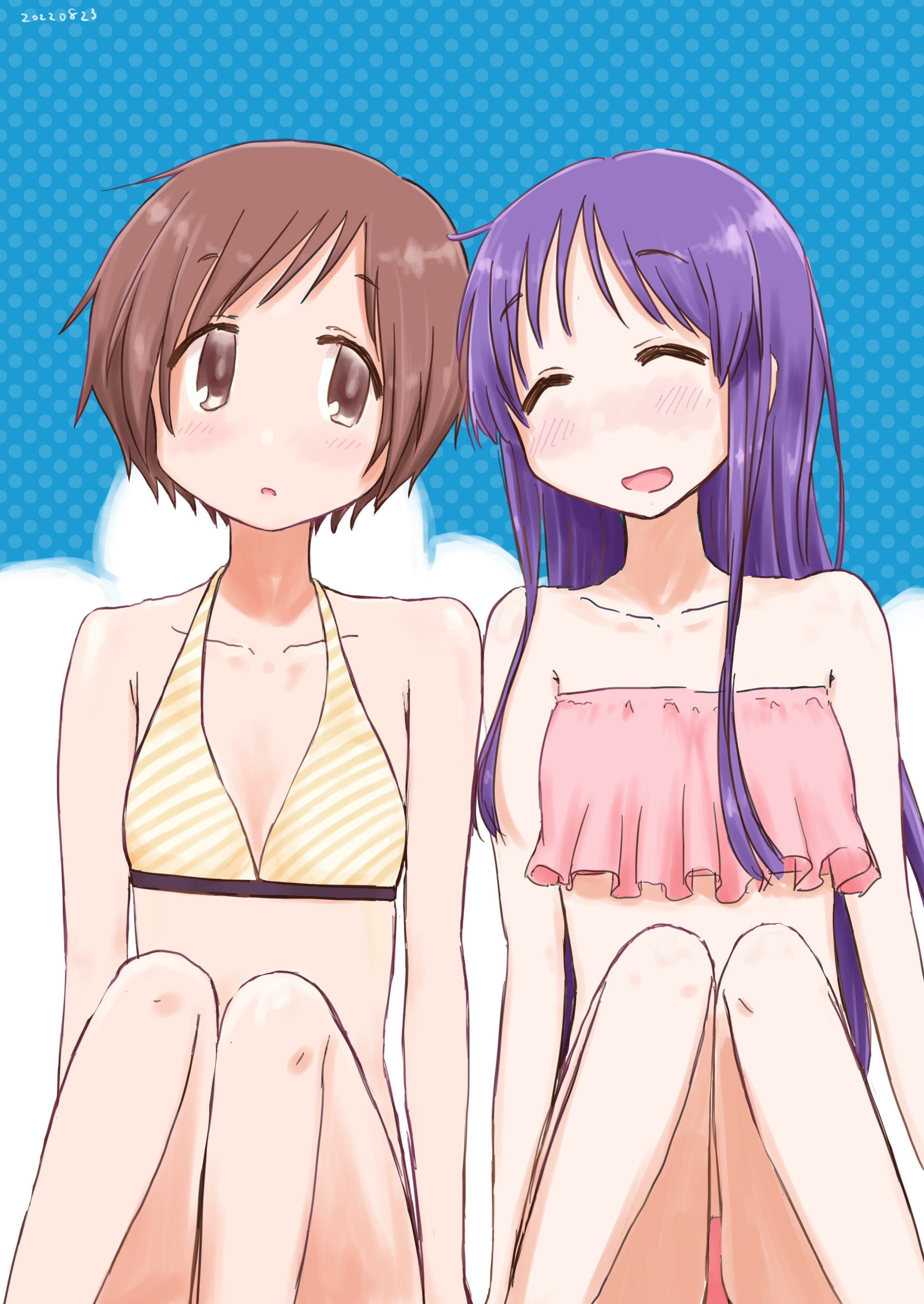 hasegawa fumi, hinata yukari, yuyushiki, absurdres, highres, 2girls, ^ ^, bare shoulders, bikini, blush, brown hair, closed eyes, collarbone, dotted background, knees up, looking at another, multiple girls, open mouth, red bikini, short hair, sitting, sky, smile, strapless, strapless bikini, swimsuit, tareme, wariza, yellow bikini, yunibasu