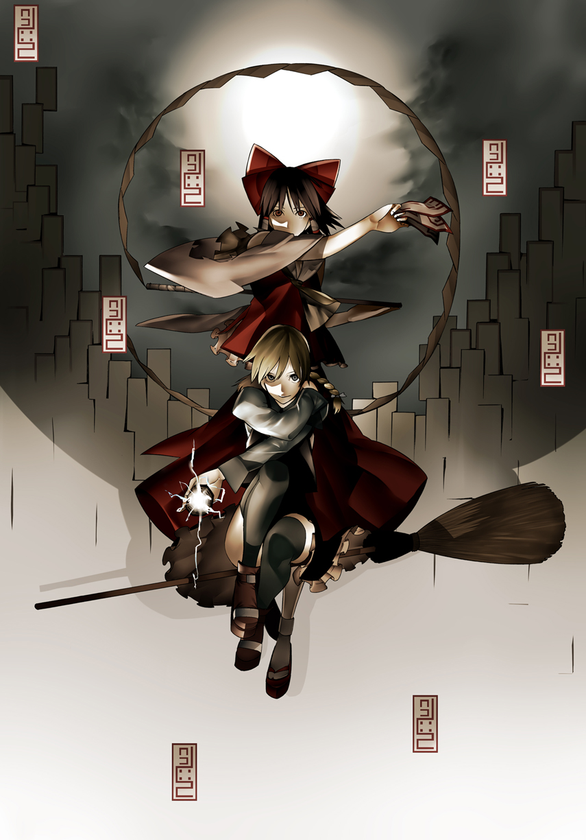 onigunsou, hakurei reimu, kirisame marisa, touhou, highres, 2girls, action, blonde hair, broom, broom riding, female focus, full moon, mini-hakkero, moon, multiple girls, no headwear, ofuda, thighhighs