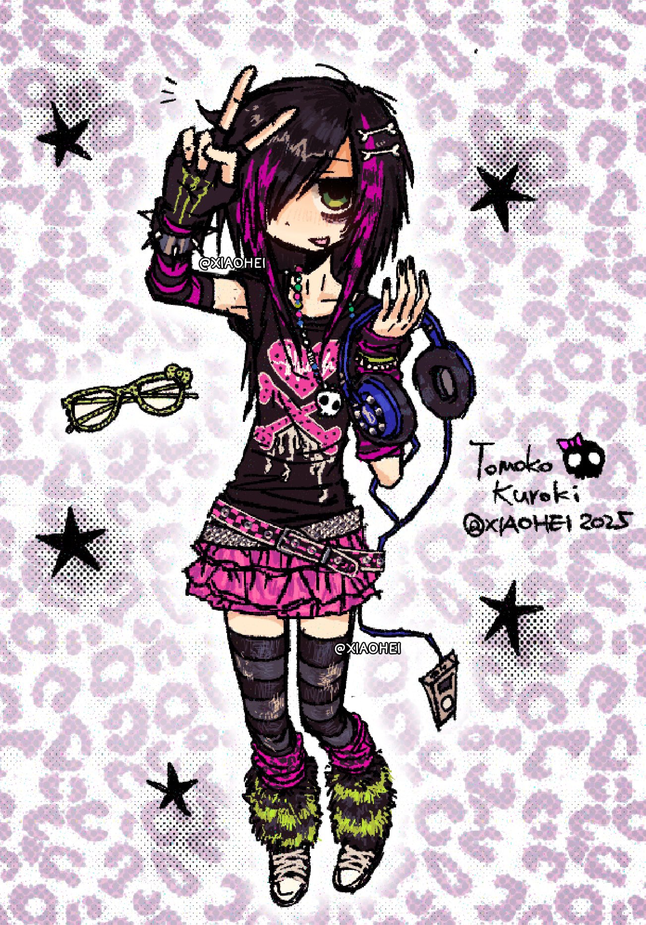 xi7197269767042, kuroki tomoko, monster energy, watashi ga motenai no wa dou kangaetemo omaera ga warui!, commentary, english commentary, highres, 1girl, alternate costume, animal print, bags under eyes, bead necklace, beads, belt, black gloves, black hair, black nails, black shirt, bone hair ornament, bracelet, character name, digital media player, fingerless gloves, frilled skirt, frills, full body, gloves, green eyes, hair ornament, hair over one eye, headphones, holding, holding headphones, ipod, jewelry, leg warmers, leopard print, long hair, multicolored hair, necklace, pink skirt, print shirt, purple hair, scene fashion, shirt, shoes, short sleeves, single glove, skirt, smile, sneakers, solo, spiked bracelet, spikes, standing, star (symbol), streaked hair, striped arm warmers, striped clothes, striped thighhighs, studded belt, thighhighs, twitter username, two-tone hair, unworn eyewear, v, zettai ryouiki