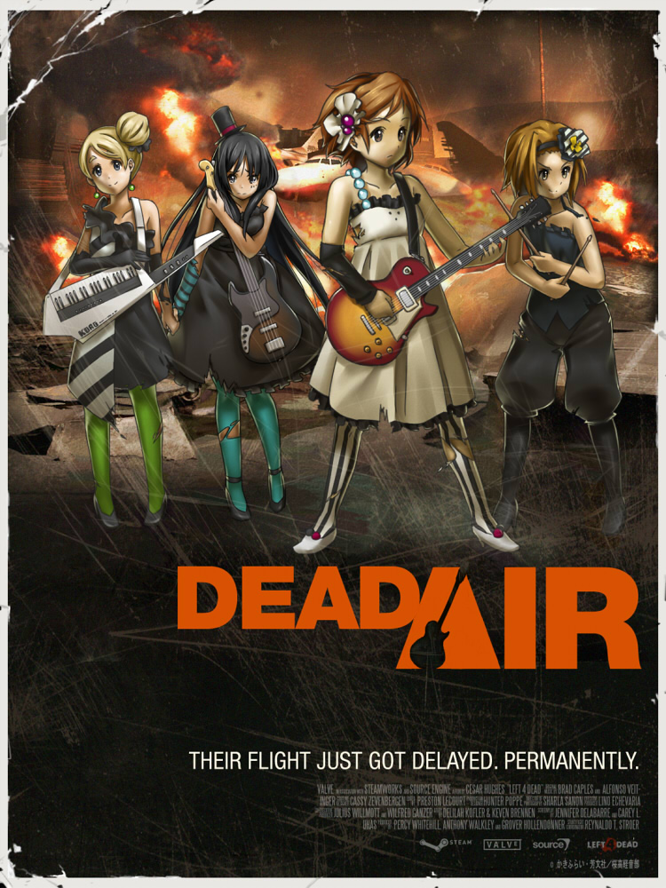 waha (artist), akiyama mio, hirasawa yui, kotobuki tsumugi, tainaka ritsu, don't say "lazy", k-on!, left 4 dead, left 4 dead 1, 4girls, crossover, dress, drumsticks, electric guitar, fire, gibson les paul, guitar, hat, ho-kago tea time, instrument, keytar, mini hat, mini top hat, movie poster, multiple girls, parody, poster (medium), top hat