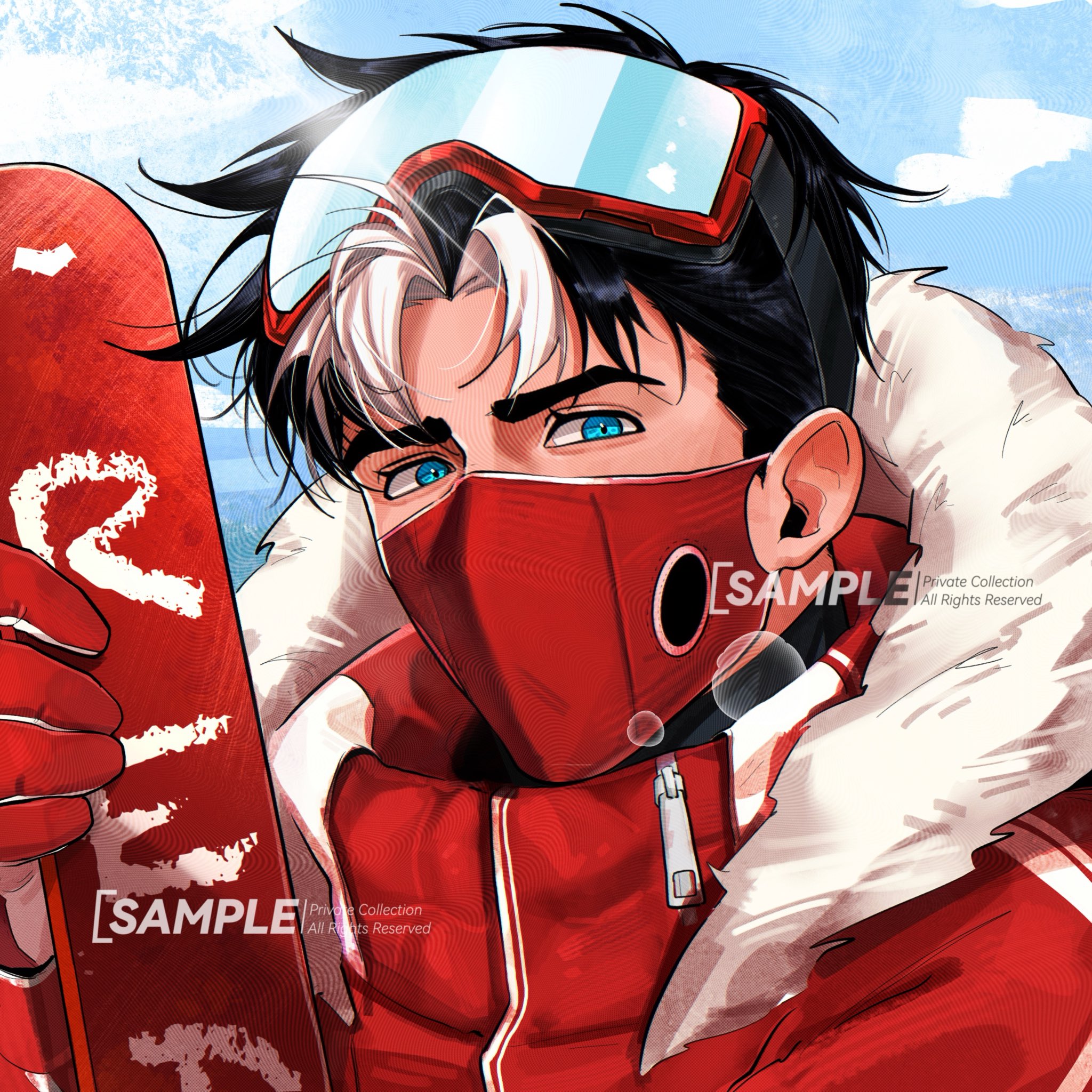 smallstarrrr, jason todd, batman (series), dc comics, commentary, highres, symbol-only commentary, 1boy, black hair, blue eyes, gloves, goggles, goggles on head, holding snowboard, looking at viewer, male focus, mask, mouth mask, multicolored hair, muscular, muscular male, short hair, simple background, ski goggles, snowboard, solo, streaked hair, two-tone hair, winter clothes