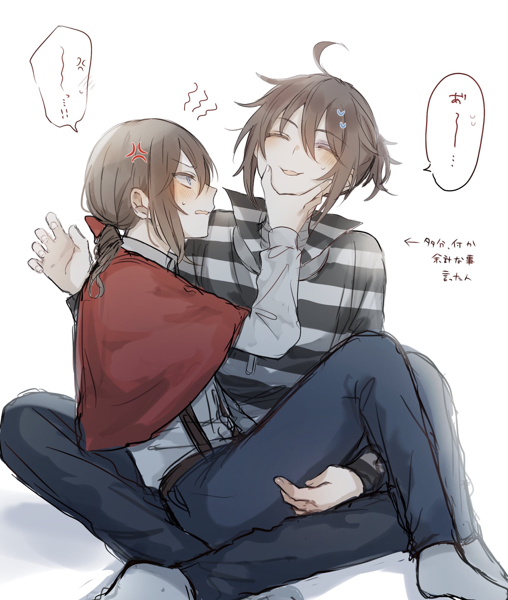 ! (rsa yuhr), edgar valden, luca balsa, identity v, highres, translation request, 2boys, :3, ahoge, anger vein, blue eyes, blue pants, blush, brown hair, bruise, bruised eye, capelet, closed eyes, drill hair, drill ponytail, grabbing another's face, head grab, injury, looking at another, male focus, multiple boys, no headwear, pants, popped collar, red capelet, shirt, sidelocks, sitting, sitting on lap, sitting on person, socks, striped clothes, striped shirt, sweatdrop, white shirt, white socks, yaoi