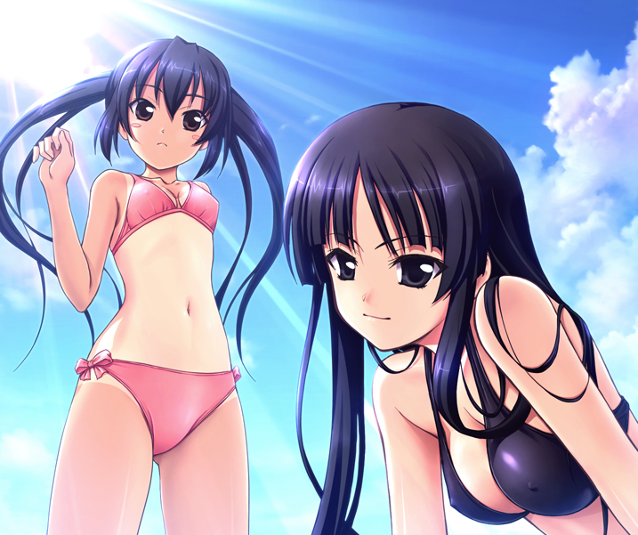 michi, akiyama mio, nakano azusa, k-on!, 00s, 2girls, beach, bikini, black eyes, black hair, blue hair, blush, blush stickers, breasts, cloud, covered erect nipples, day, from below, large breasts, light rays, long hair, multiple girls, navel, one-piece tan, side-tie bikini bottom, sky, smile, sunbeam, sunlight, swimsuit, tan, tanline, twintails