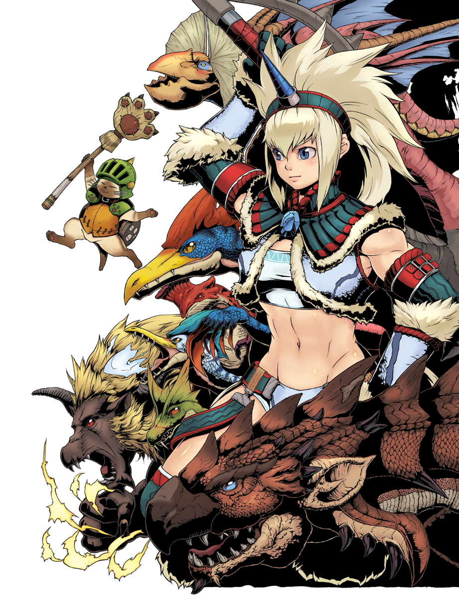 torashiro eiji, felyne, gendrome, giadrome, iodrome, rajang, rathalos, velocidrome, yian kut-ku, capcom, monster hunter (series), highres, 1girl, abs, blue eyes, blush, cat, dragon, helmet, horns, kirin (armor), long hair, midriff, monster, paw stick, weapon, white hair, wyvern