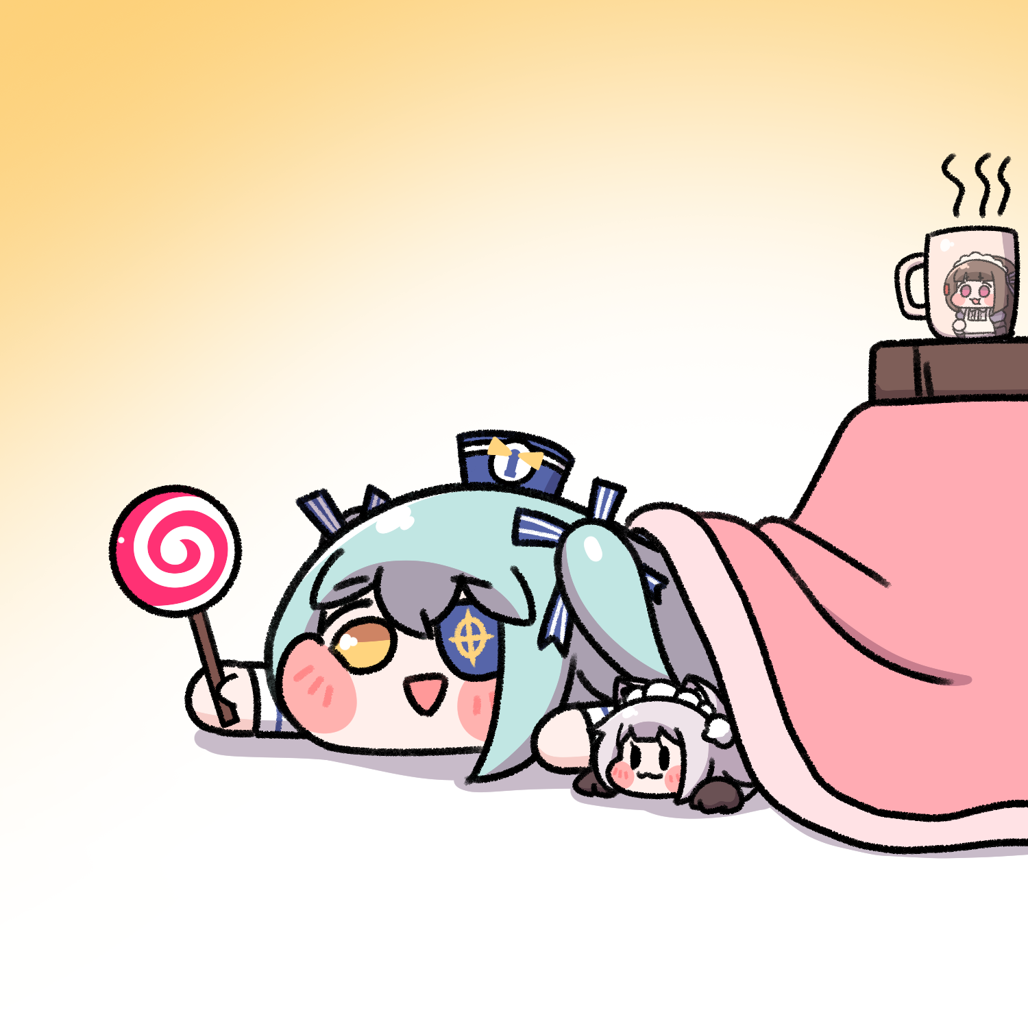 alterkero, lrl (last origin), mini perrault (last origin), scissors lise, last origin, highres, 2girls, animal ears, animal hands, apron, aqua hair, blush stickers, brown hair, candy, cat ears, cat girl, cup, eyepatch, food, gloves, gradient background, grey hair, hat, holding, holding candy, holding food, holding lollipop, kotatsu, lollipop, long hair, maid, maid apron, maid headdress, mug, multiple girls, paw gloves, purple eyes, sailor hat, solid oval eyes, swirl lollipop, table, two side up, under kotatsu, under table, yellow eyes