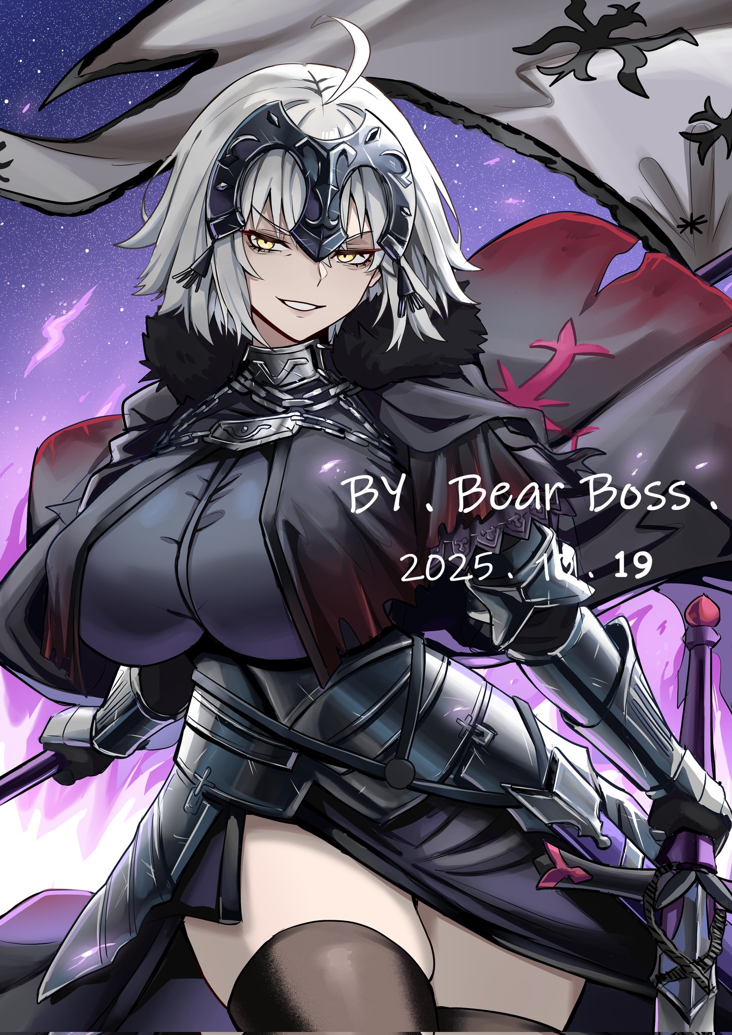 bear boss, jeanne d'arc alter (avenger) (fate), jeanne d'arc alter (avenger) (first ascension) (fate), jeanne d'arc alter (fate), fate/grand order, fate (series), highres, 1girl, ahoge, alternate breast size (larger), alternate costume, armor, armored dress, artist name, banner, black cape, black thighhighs, breasts, cape, chain, dated, dress, faulds, flag, fur-trimmed cape, fur trim, gauntlets, gloves, gradient cape, grey hair, headpiece, holding, holding flag, huge breasts, la grondement du haine, looking at viewer, luminosite eternelle, plackart, short hair, shrug (clothing), smile, solo, standard bearer, sword, sword of st. catherine (fate), thighhighs, weapon, white flag, white hair, yellow eyes