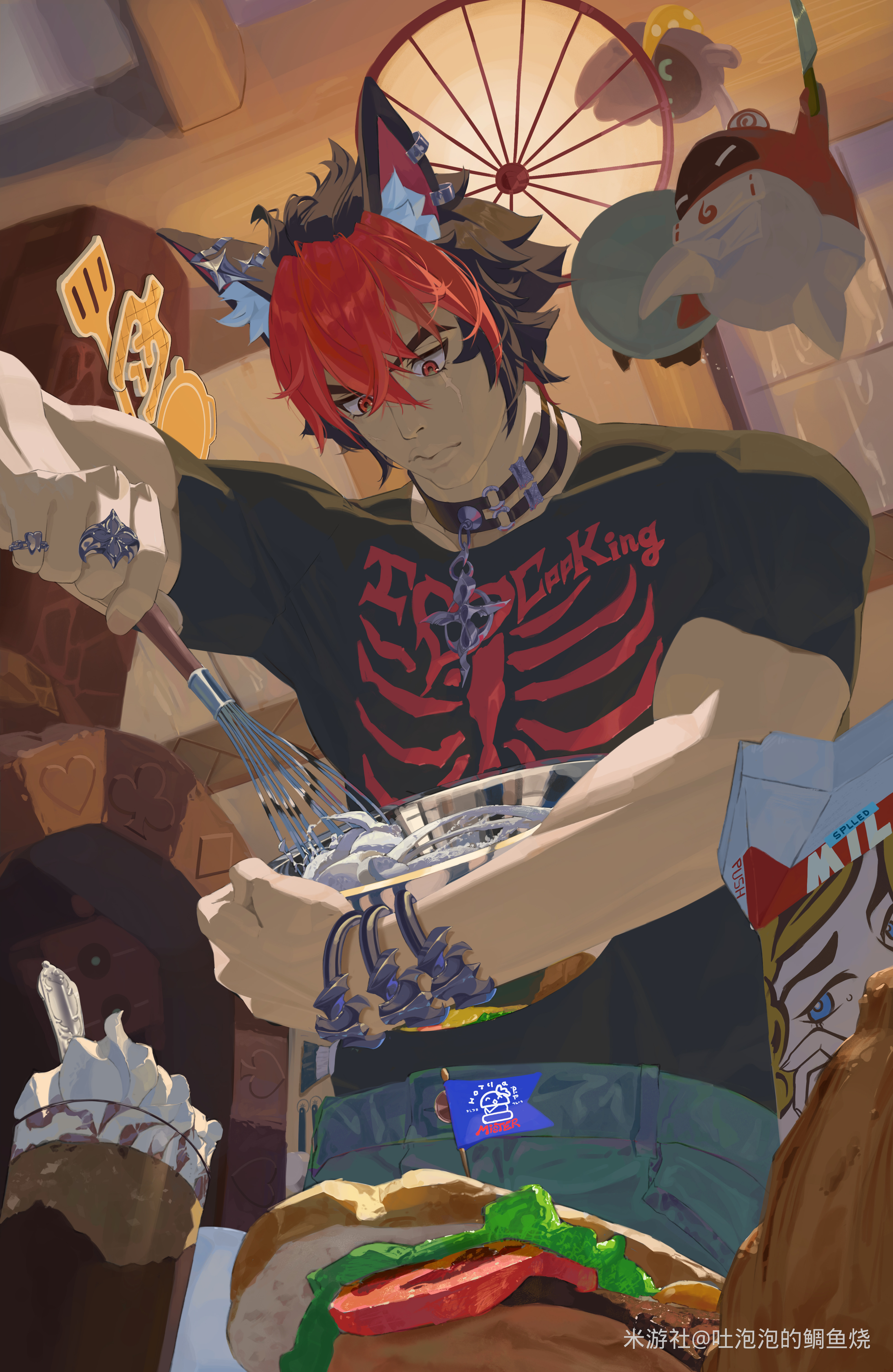 tu pao diao yu shao, bangboo (zenless zone zero), komano manato, sumoboo (zenless zone zero), zenless zone zero, silver ring, absurdres, commentary request, highres, 1boy, alternate costume, animal ear fluff, animal ear piercing, animal ears, black hair, black shirt, bowl, bracelet, closed mouth, collar, crossed bangs, dog boy, dog ears, food, green pants, hair between eyes, holding, holding bowl, indoors, jewelry, lamp, looking down, male focus, multicolored hair, multiple rings, muscular, muscular male, overtimeboo (zenless zone zero), pants, pendant collar, print shirt, red eyes, red hair, reflection, ring, sandwich, scar, scar across eye, scar on face, shirt, shirt tucked in, short hair, silver bracelet, solo focus, v-shaped eyebrows, window