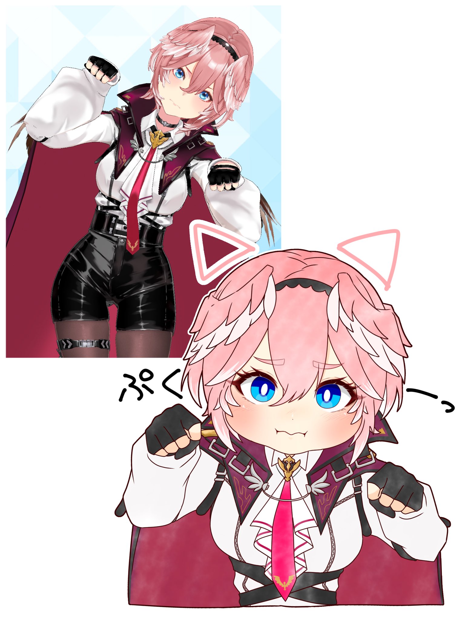 ringo 21 a, takane lui, takane lui (1st costume), hololive, commentary request, highres, 1girl, animal ears, black gloves, black shorts, blue eyes, breasts, bright pupils, cat ears, closed mouth, deformed, double-parted bangs, drawn ears, fingerless gloves, gloves, hair between eyes, hands up, head wings, high-waist shorts, large breasts, long sleeves, looking at viewer, paw pose, pink hair, reference inset, shirt, short hair, shorts, simple background, virtual youtuber, white background, white pupils, white shirt, wings