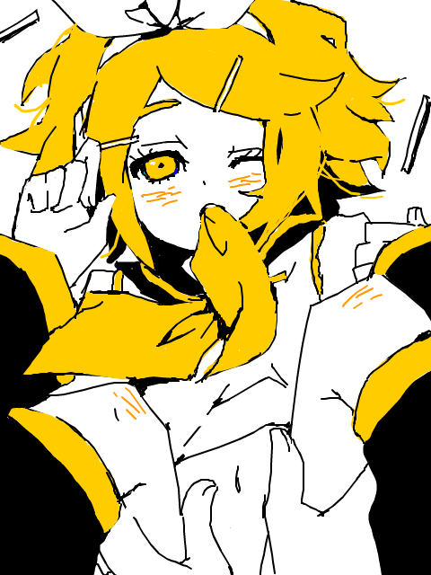 kl (dgzonbi), kagamine rin, vocaloid, 1girl, blonde hair, bottomless, bow, half-closed eyes, oekaki, short hair, solo focus, tegaki