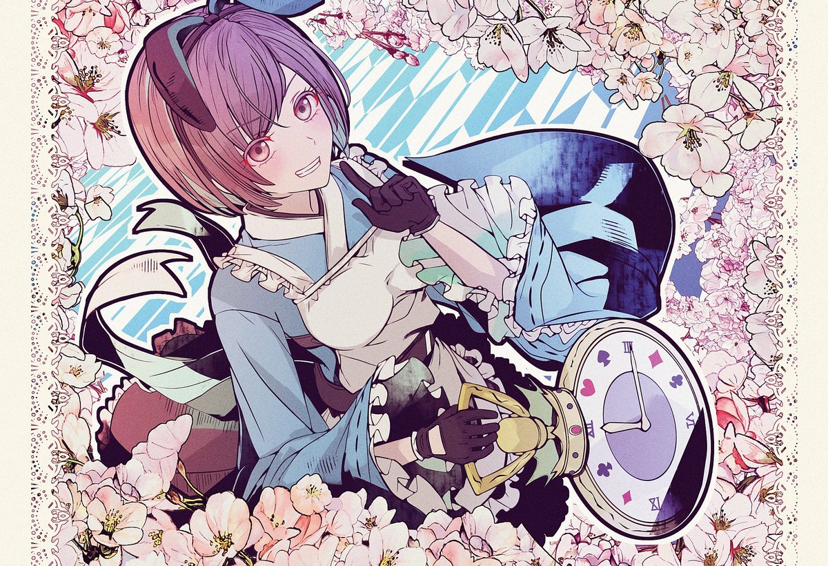 mirrorclew, yuffie kisaragi, final fantasy, final fantasy vii, final fantasy vii: ever crisis, commentary request, 1girl, analog clock, apron, black gloves, blue kimono, blush, breasts, brown eyes, brown hair, clock, cowboy shot, floral background, flower, frilled apron, frills, gloves, grin, holding, japanese clothes, kimono, long sleeves, looking at viewer, medium breasts, official alternate costume, pink flower, rabbit tail, short hair, smile, solo, tail, white apron, wide sleeves, yuffie kisaragi (bunny apron)