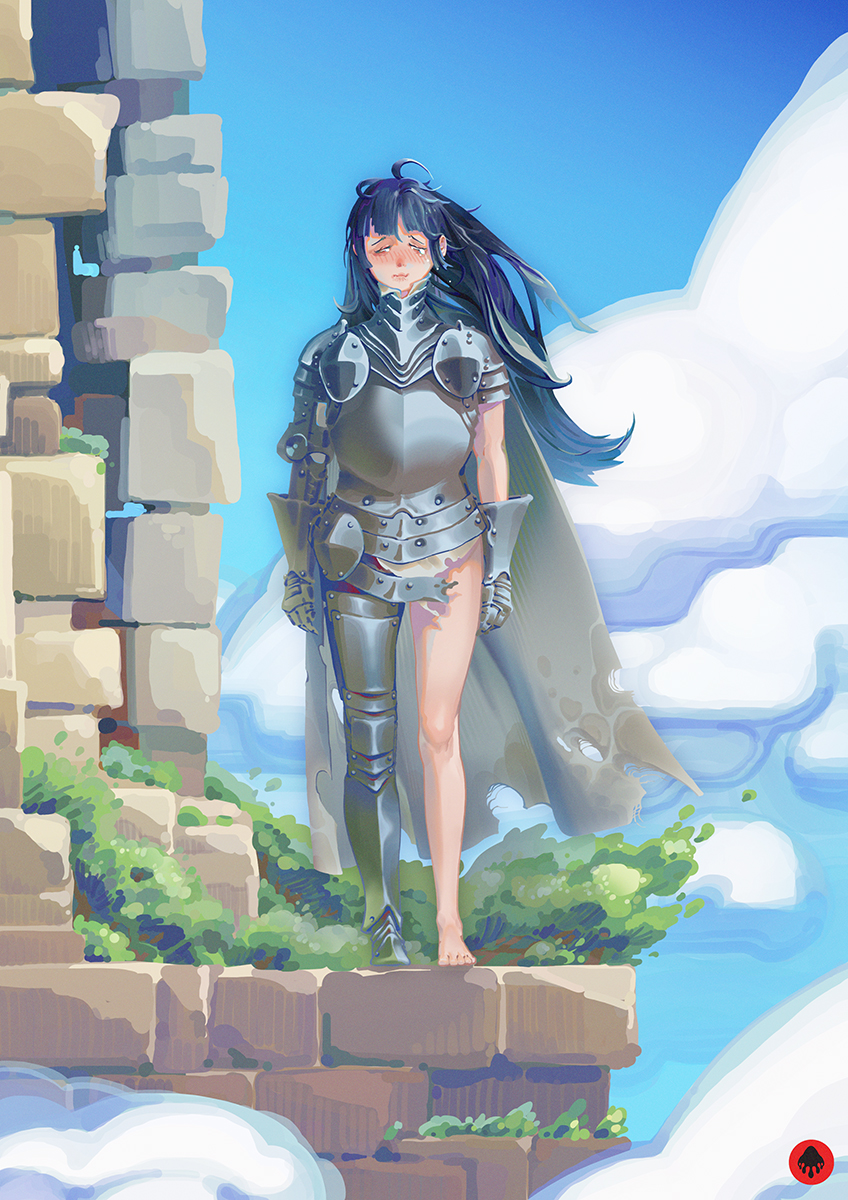 black mushroom, tower dungeon, character request, highres, ahoge, armor, artist logo, black hair, blunt bangs, blush, cape, closed eyes, closed mouth, cloud, crying, floating hair, grey cape, logo, long hair, outdoors, single bare foot, single bare leg, sky, stone wall, torn cape, torn clothes, very long hair, wardrobe malfunction, wavy mouth