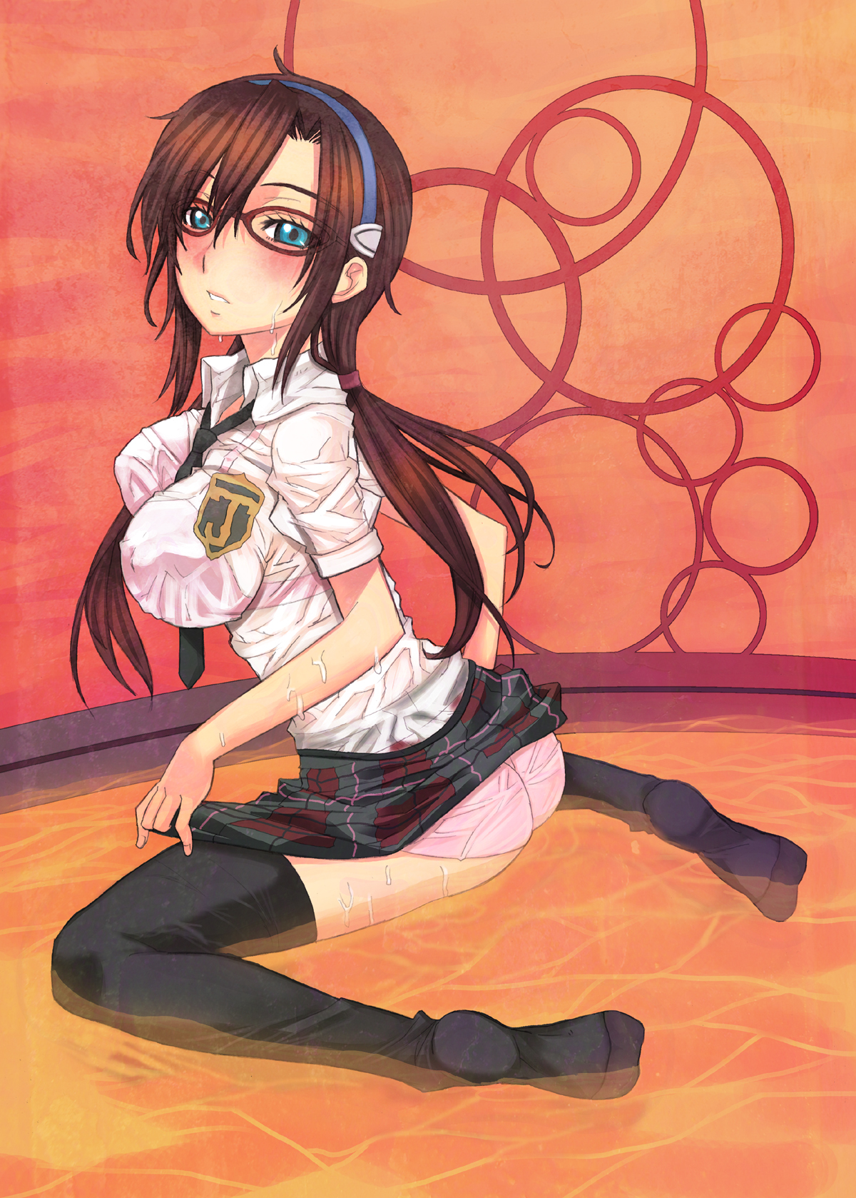 nagy, makinami mari illustrious, neon genesis evangelion, rebuild of evangelion, highres, 00s, 1girl, ass, black thighhighs, blue eyes, blush, breasts, brown hair, clothes lift, feet, female focus, glasses, impossible clothes, impossible shirt, kneeling, large breasts, lcl, long hair, looking back, necktie, panties, pink panties, plaid clothes, plaid skirt, school uniform, shirt, skirt, skirt lift, solo, thighhighs, twintails, underwear, wet, wet clothes