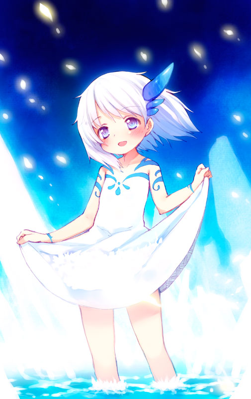 kito (sorahate), original, bad id, bad pixiv id, 1girl, blue eyes, blush, clothes lift, dress, dress lift, female focus, legs, short hair, skirt hold, solo, tattoo, water, white dress, white hair