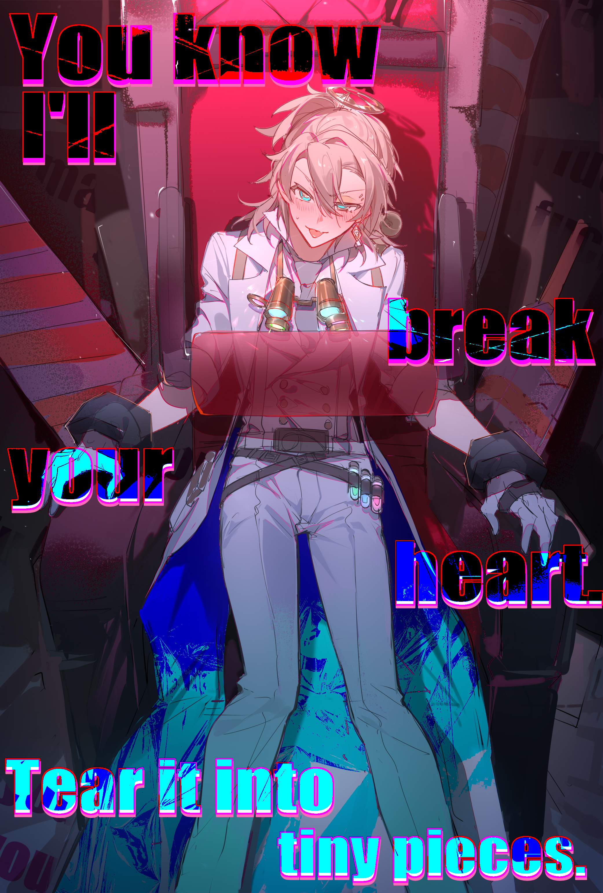 watashi wa chibi, luca balsa, luca balsa (paranormal detective), identity v, absurdres, highres, 1boy, :p, aqua eyes, belt, blonde hair, blue necktie, blush, brown belt, coat, english text, fang, feet out of frame, glowing, glowing eyes, hair between eyes, half updo, head tilt, lab coat, looking at viewer, male focus, multiple belts, necktie, official alternate costume, pants, ponytail, restrained, shirt, short ponytail, skin fang, small sweatdrop, solo, striped blush, tongue, tongue out, vest, vial, white coat, white pants, white shirt, white vest