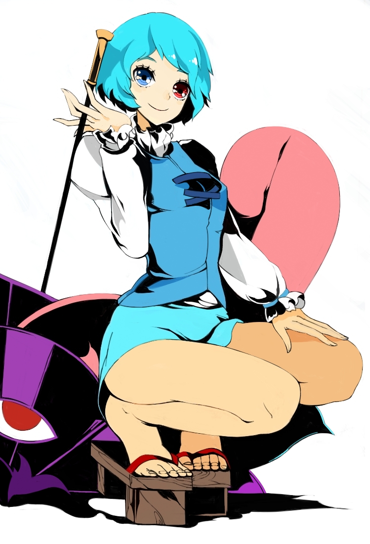 kakaaru, tatara kogasa, touhou, bad id, bad pixiv id, 1girl, blue eyes, blue hair, clog sandals, feet, female focus, geta, heterochromia, karakasa obake, kneeling, legs, matching hair/eyes, red eyes, sandals, short hair, skirt, smile, solo, squatting, thighs, tongue, umbrella