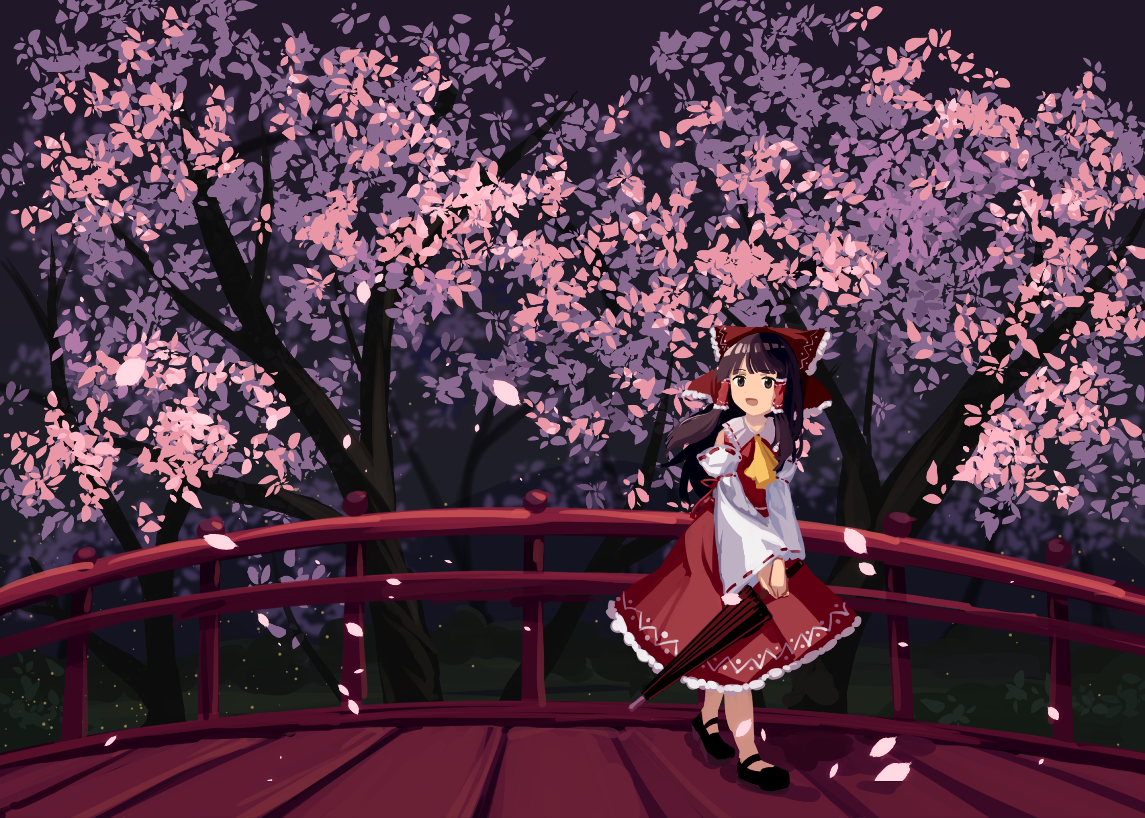 furahata gen, hakurei reimu, touhou, highres, 1girl, :d, against railing, ascot, black shoes, bow, bridge, brown eyes, brown hair, collared shirt, contrast collar, detached sleeves, falling leaves, fireflies, frilled skirt, frills, grass, hair bow, hair tubes, holding, holding umbrella, leaf, long hair, looking at viewer, night, no socks, open mouth, ponytail, railing, red bow, red shirt, red skirt, red umbrella, ribbon trim, shirt, shoes, skirt, smile, solo, tree, umbrella, white sleeves, yellow ascot