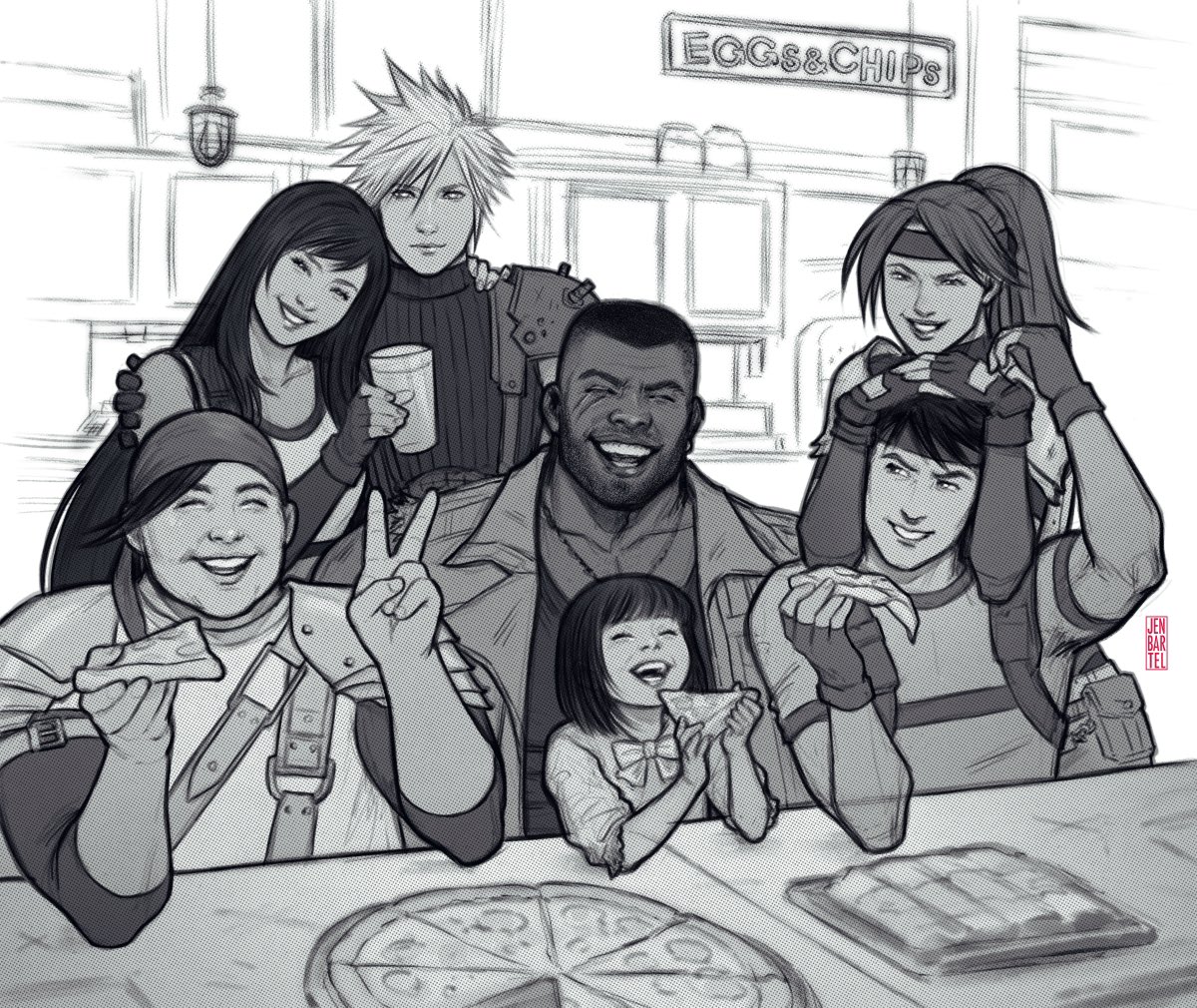 jen bartel, barret wallace, biggs (ff7), cloud strife, jessie rasberry, marlene wallace, tifa lockhart, wedge (ff7), final fantasy, final fantasy vii, final fantasy vii remake, commentary, english commentary, 3girls, 4boys, adoptive parent and adoptive child, armor, bare shoulders, cup, dark-skinned male, dark skin, eating, elbow rest, facial scar, facing viewer, fingerless gloves, food, gloves, greyscale, hand on another's shoulder, high ponytail, holding, holding cup, holding food, holding pizza, indoors, long hair, looking at viewer, monochrome, multiple boys, multiple girls, open mouth, parted lips, pizza, pizza slice, ponytail, ribbed sweater, scar, scar on cheek, scar on face, shirt, short hair, shoulder armor, sitting, sleeveless, sleeveless turtleneck, smile, spiked hair, standing, suspenders, sweater, table, tank top, turtleneck, turtleneck sweater, upper body, v, white tank top