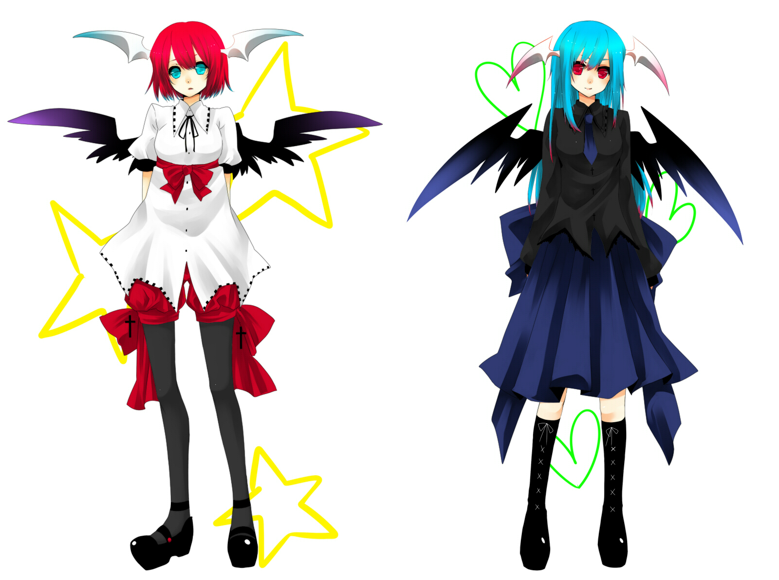 yutazou, original, bad id, bad pixiv id, highres, black wings, blue eyes, blue hair, boots, dress, head wings, heart, knee boots, long hair, pantyhose, red eyes, red hair, short hair, socks, star (symbol), thigh boots, thighhighs, wings
