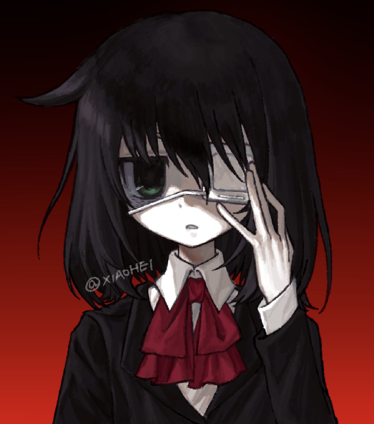 xi7197269767042, kuroki tomoko, misaki mei, another, watashi ga motenai no wa dou kangaetemo omaera ga warui!, highres, 1girl, alternate hair length, alternate hairstyle, bags under eyes, black hair, black jacket, bow, collared shirt, cosplay, eyepatch, gradient background, green eyes, hair between eyes, hand on own face, jacket, looking afar, medical eyepatch, misaki mei (cosplay), parted lips, portrait, red background, red bow, school uniform, shirt, short hair, simple background, solo, twitter username, white shirt, yomiyama north junior high school uniform