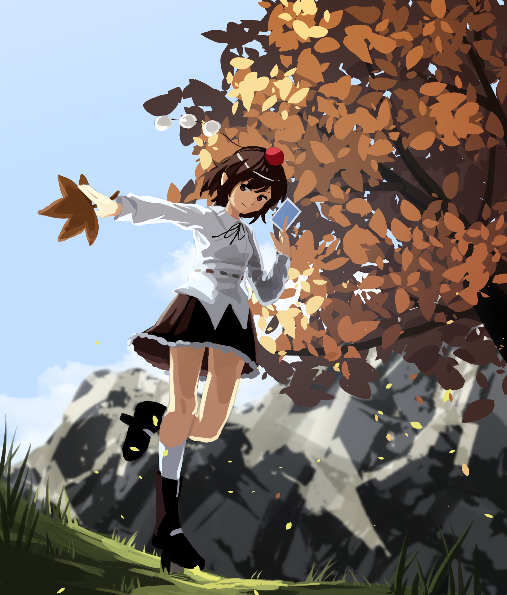 furahata gen, shameimaru aya, touhou, highres, 1girl, black boots, black ribbon, black skirt, boots, brown eyes, brown hair, closed mouth, cloud, day, falling petals, frilled skirt, frills, grass, hand fan, hat, holding, holding fan, holding photo, leaf, long sleeves, looking at viewer, mountain, petals, photo (object), pointy ears, red hat, ribbon, shirt, shirt ribbon, short hair, skirt, sky, sleeve cuffs, smile, socks, solo, standing, standing on one leg, tokin hat, tree, white shirt, white socks