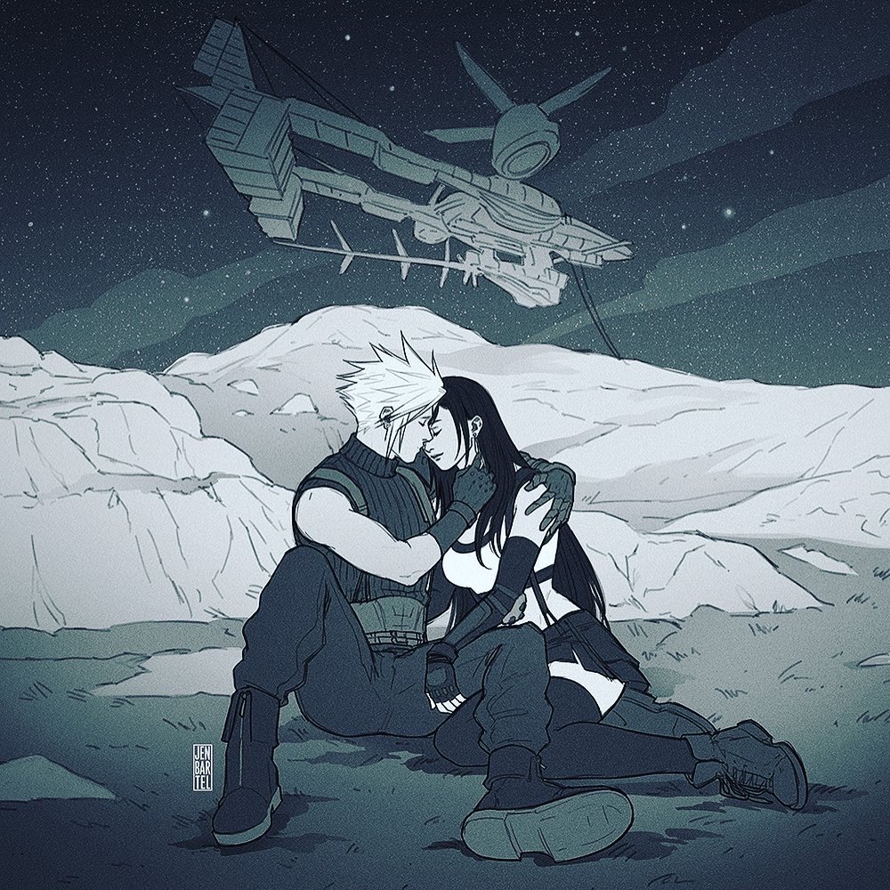 jen bartel, cloud strife, tifa lockhart, final fantasy, final fantasy vii, final fantasy vii remake, commentary, english commentary, 1boy, 1girl, aircraft, airship, bare shoulders, black thighhighs, boots, breasts, closed eyes, closed mouth, couple, crop top, earrings, elbow gloves, facing another, fingerless gloves, full body, gloves, hand on another's shoulder, hetero, highwind, hug, jewelry, large breasts, leaning on person, long hair, midriff, miniskirt, monochrome, mountainous horizon, night, night sky, outdoors, pants, ribbed sweater, short hair, signature, sitting, skirt, sky, sleeveless, sleeveless turtleneck, spiked hair, star (sky), starry sky, suspender skirt, suspenders, sweater, tank top, thighhighs, thighs, turtleneck, turtleneck sweater, white tank top, yokozuwari, zettai ryouiki