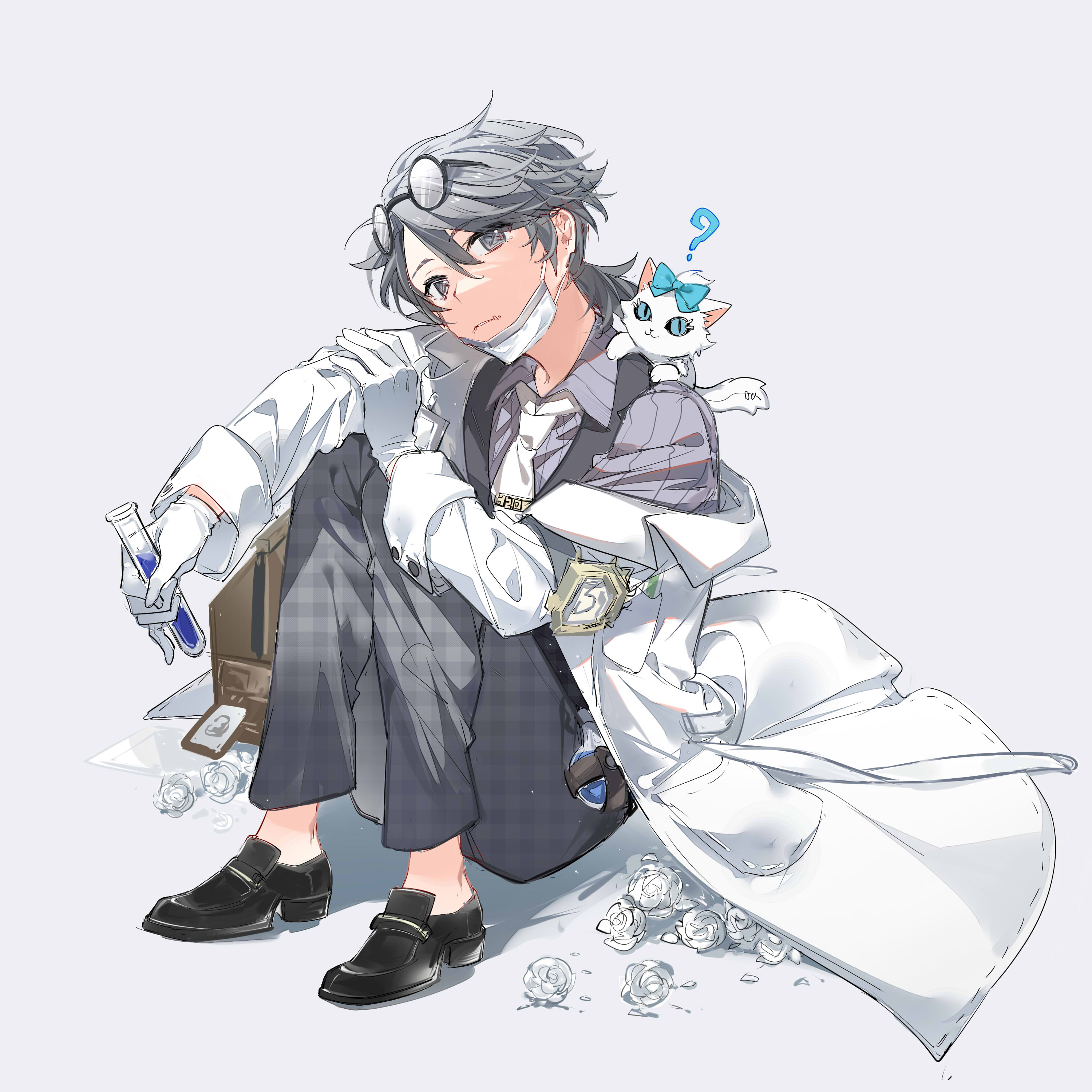 watashi wa chibi, aesop carl, aesop carl ("gatto"), identity v, absurdres, highres, 1boy, ?, animal, animal on shoulder, black shoes, cat, cat on shoulder, coat, cross-shaped pupils, eyewear on head, flower, full body, glasses, gloves, grey background, grey eyes, grey hair, grey pants, grey shirt, grey theme, hand on own arm, head tilt, knees up, lab coat, loafers, looking at viewer, male focus, mask, mask around neck, mouth mask, necktie, pants, plaid clothes, plaid pants, rose, round eyewear, shirt, shoes, single off shoulder, solo, stitched mouth, stitches, striped clothes, striped shirt, symbol-shaped pupils, vertical-striped clothes, vertical-striped shirt, vial, white coat, white flower, white gloves, white necktie, white rose