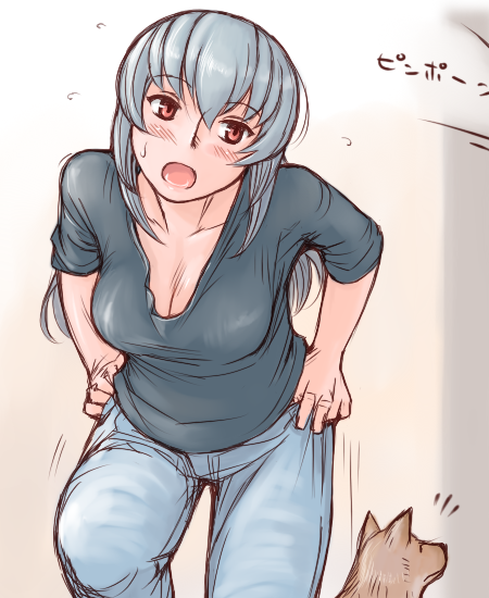 tsuda nanafushi, suigintou, rozen maiden, silver hair, 00s, 1girl, aged up, casual, denim, dog, dressing, female focus, jeans, pants, shirt, solo, t-shirt