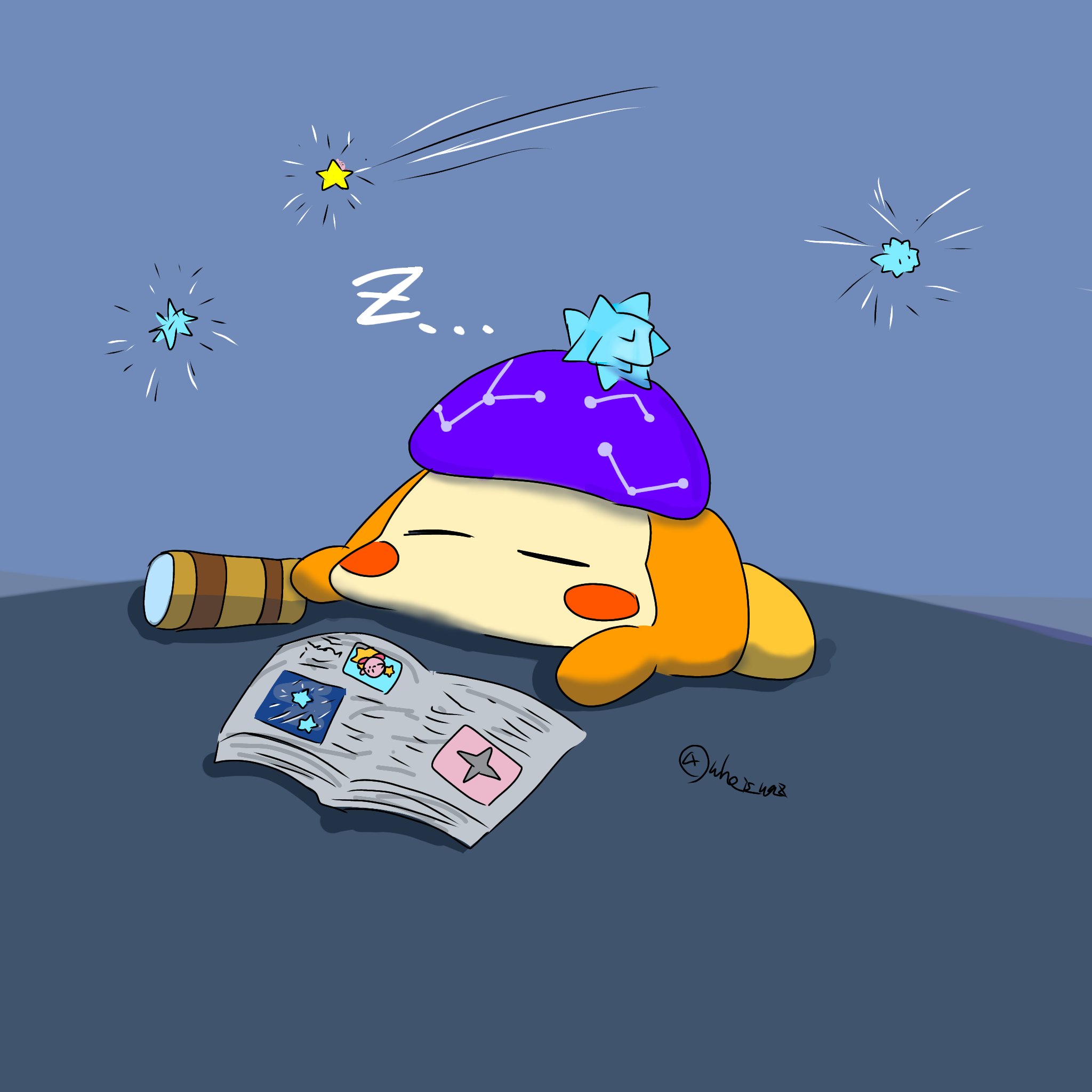 astronomer waddle dee, kirby, kirby (series), kirby and the forgotten land, nintendo, star-crossed world, highres, tagme, beret, blush, book, closed eyes, constellation print, hat, holding, holding telescope, lying, on stomach, purple hat, shooting star, sleeping, star (symbol), telescope, twitter username, warp star, who is waz, yellow star, zzz