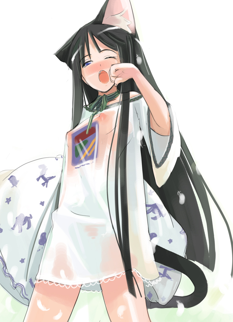 maruku, original, 1girl, animal ears, black hair, blue eyes, blush, cat ears, cat tail, female focus, flat chest, long hair, nipples, pillow, see-through clothes, solo, tail, very long hair, yawning