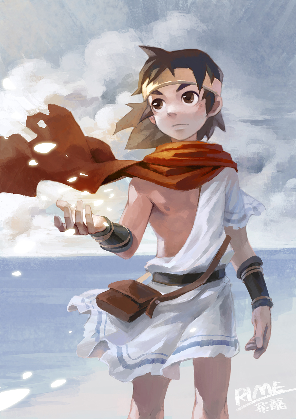 ryou hiryuu, rime, 1boy, bag, beach, brown eyes, brown hair, cloud, cloudy sky, headband, male focus, red scarf, scarf, signature, sky, solo, standing, title, wrist guards