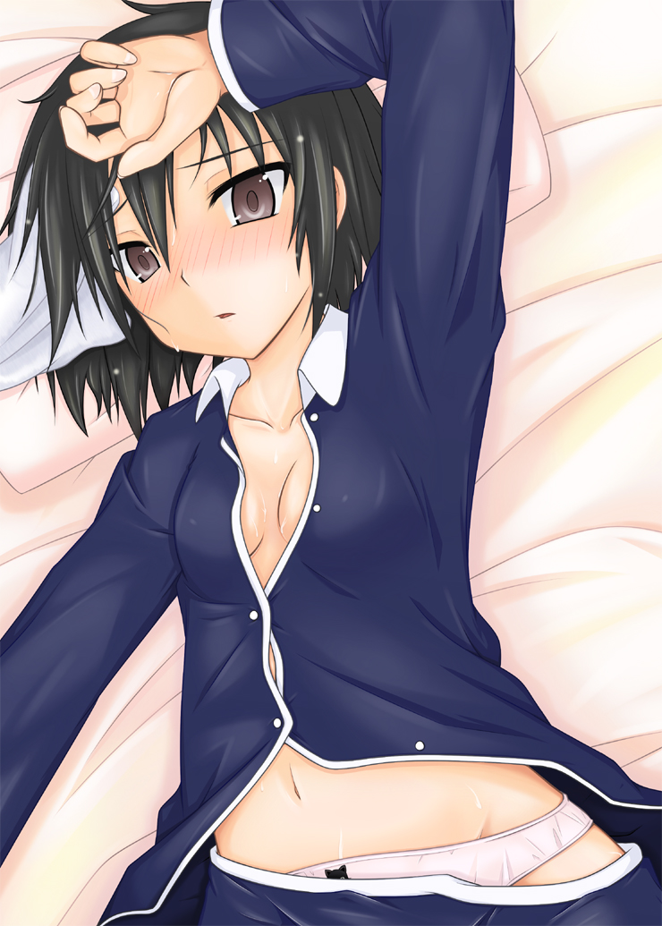 kaiwarina, nanasaki ai, amagami, 1girl, black hair, blush, female focus, pajamas, panties, short hair, solo, sweat, underwear