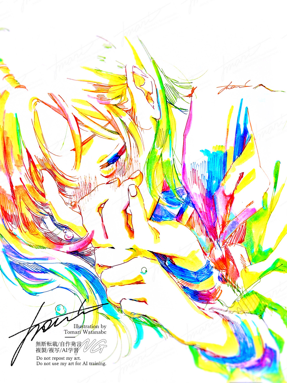 watanabe tomari, original, highres, traditional media, 1girl, artist name, blush, closed eyes, colorful, long hair, long sleeves, lying, school uniform, serafuku, signature, solo, tears, watermark