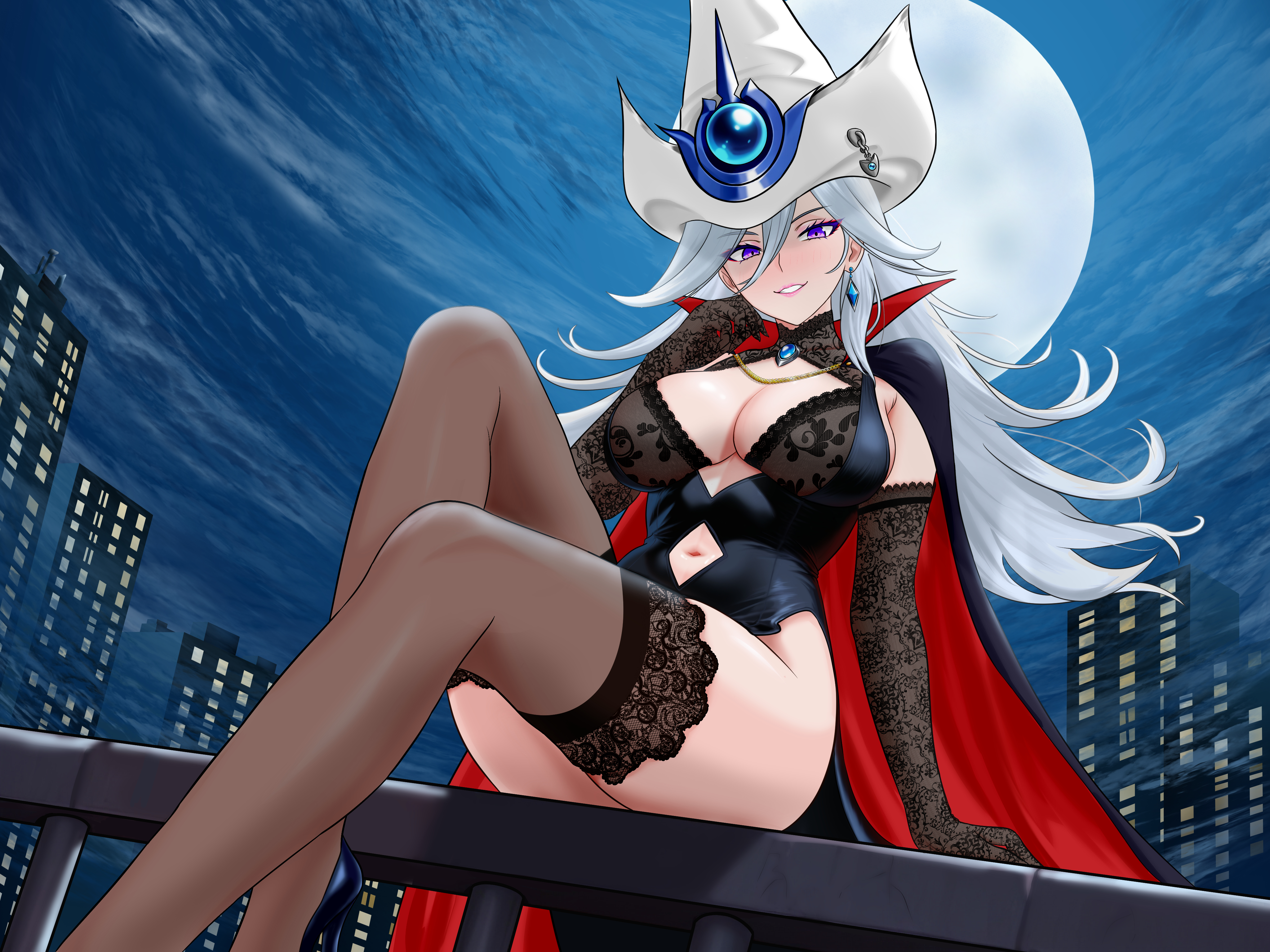 silent magician, yu-gi-oh!, absurdres, highres, 1girl, bertstudent, black gloves, black thighhighs, breasts, cape, cleavage, cleavage cutout, clothing cutout, duel monster, earrings, elbow gloves, gloves, hair between eyes, hat, jewelry, large breasts, looking at viewer, moon, navel cutout, night, night sky, parted lips, purple eyes, sitting, sky, thighhighs, two-tone cape, white hat, wizard hat
