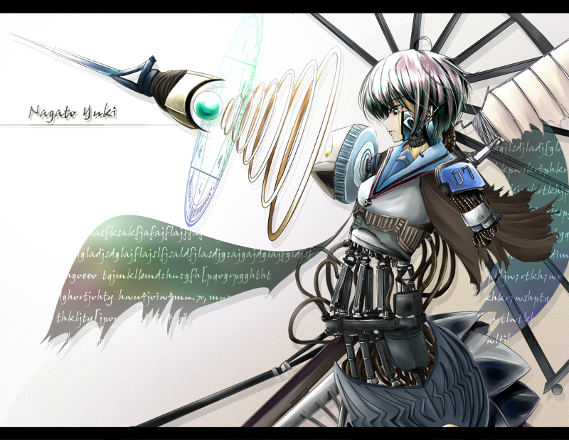 sahare, nagato yuki, suzumiya haruhi no yuuutsu, bad id, bad pixiv id, 00s, 1girl, android, female focus, letterboxed, purple hair, school uniform, serafuku, short hair, solo