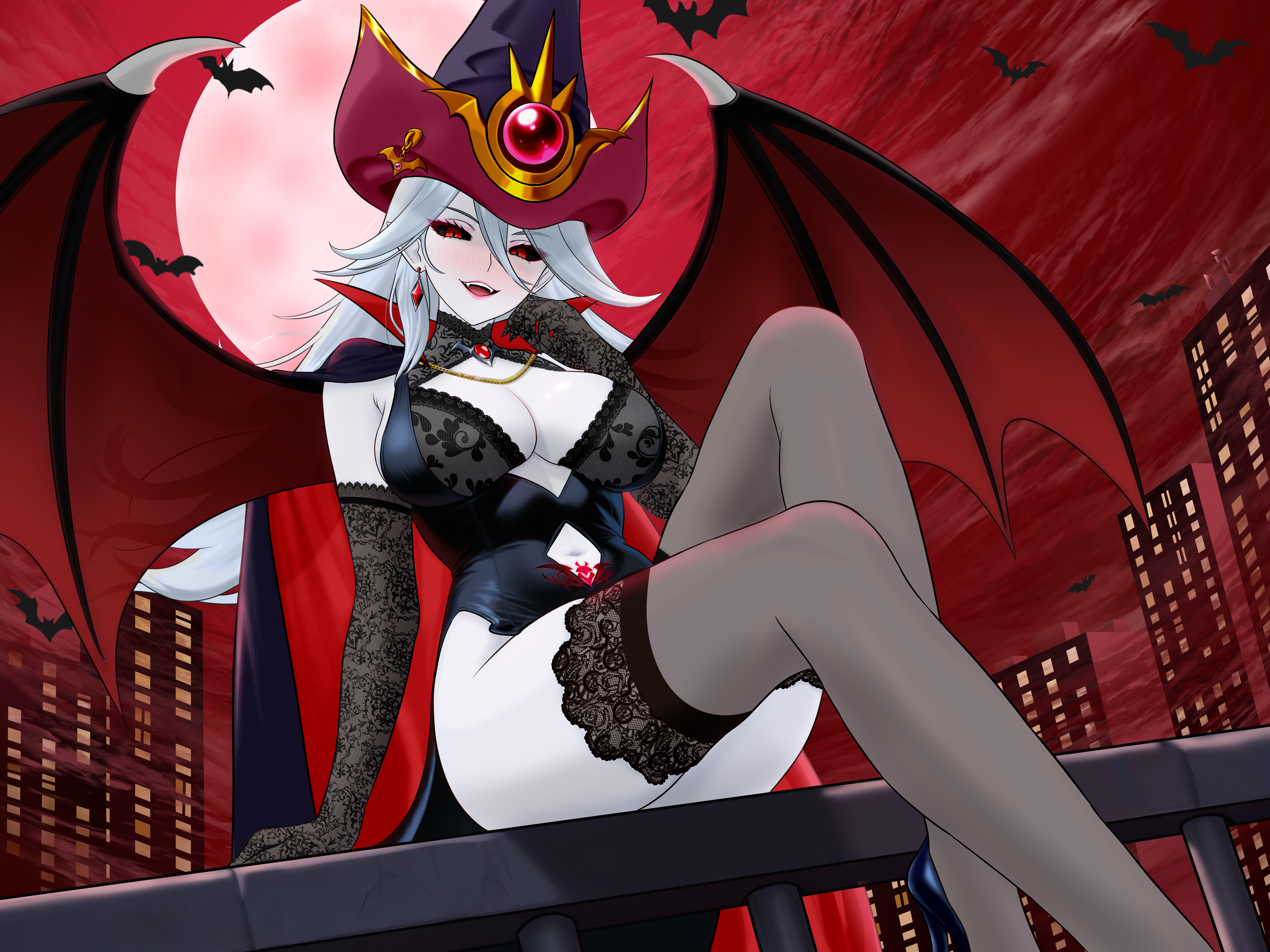 silent magician, yu-gi-oh!, absurdres, highres, 1girl, bat (animal), bertstudent, black gloves, black thighhighs, breasts, cape, cleavage, cleavage cutout, clothing cutout, colored skin, demon wings, duel monster, earrings, elbow gloves, gloves, grey skin, hair between eyes, hat, jewelry, large breasts, looking at viewer, moon, navel cutout, night, night sky, parted lips, red eyes, red moon, red sky, sitting, sky, thighhighs, two-tone cape, two-tone hat, wings, wizard hat