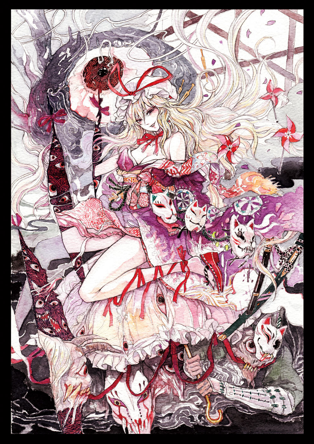 chihiro (kemonomichi), yakumo yukari, touhou, graphite (medium), highres, painting (medium), traditional media, watercolor (medium), 1girl, blonde hair, breasts, cleavage, clog sandals, female focus, gap (touhou), hat, japanese clothes, katana, kimono, long hair, mask, mob cap, monster, off shoulder, sandals, sheath, sheathed, solo, sword, umbrella, weapon, zouri