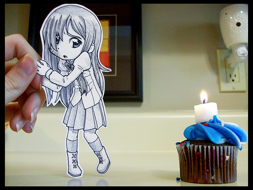 pimmy, ikezawa hanako, katawa shoujo, papercraft (medium), photo (medium), unconventional media, 10s, 1girl, alternate legwear, boots, cake, candle, cupcake, food, paper child, pastry, scar