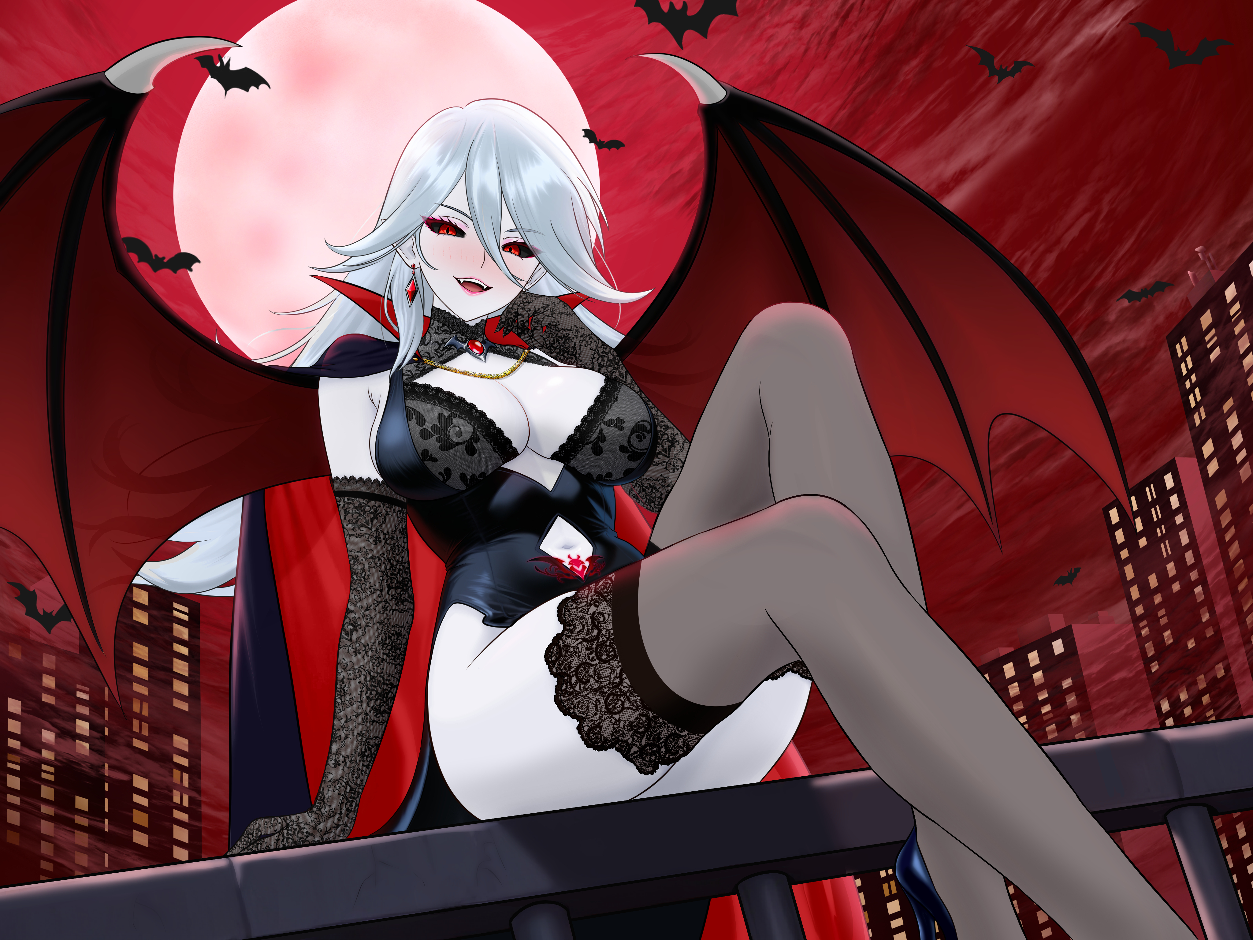 silent magician, yu-gi-oh!, absurdres, highres, 1girl, bat (animal), bertstudent, black gloves, black thighhighs, breasts, cape, cleavage, cleavage cutout, clothing cutout, colored skin, demon wings, duel monster, earrings, elbow gloves, gloves, grey skin, hair between eyes, jewelry, large breasts, looking at viewer, moon, navel cutout, night, night sky, parted lips, red eyes, red moon, red sky, sitting, sky, thighhighs, two-tone cape, wings