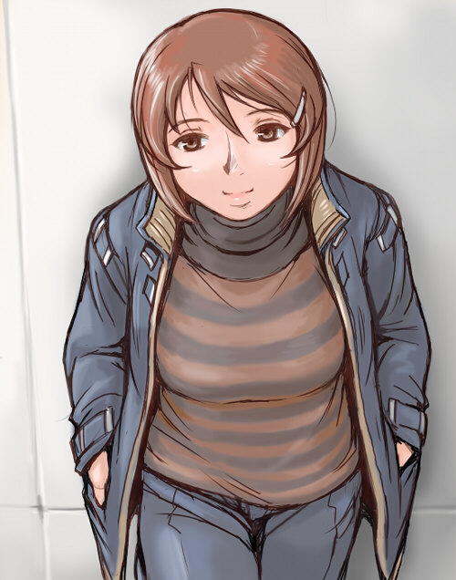 tsuda nanafushi, souseiseki, rozen maiden, 00s, 1girl, aged up, breasts, brown eyes, brown hair, casual, female focus, hair ornament, hairclip, hands in pockets, short hair, smile, solo, sweater