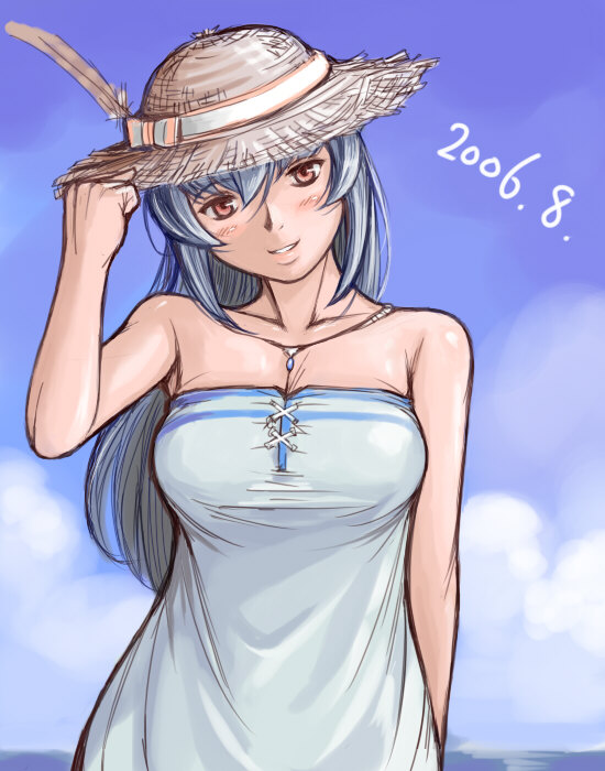 tsuda nanafushi, suigintou, rozen maiden, 00s, 1girl, aged up, bare shoulders, beach, blush, breasts, casual, cleavage, dated, day, feathers, female focus, hat, jewelry, large breasts, necklace, smile, solo, straw hat