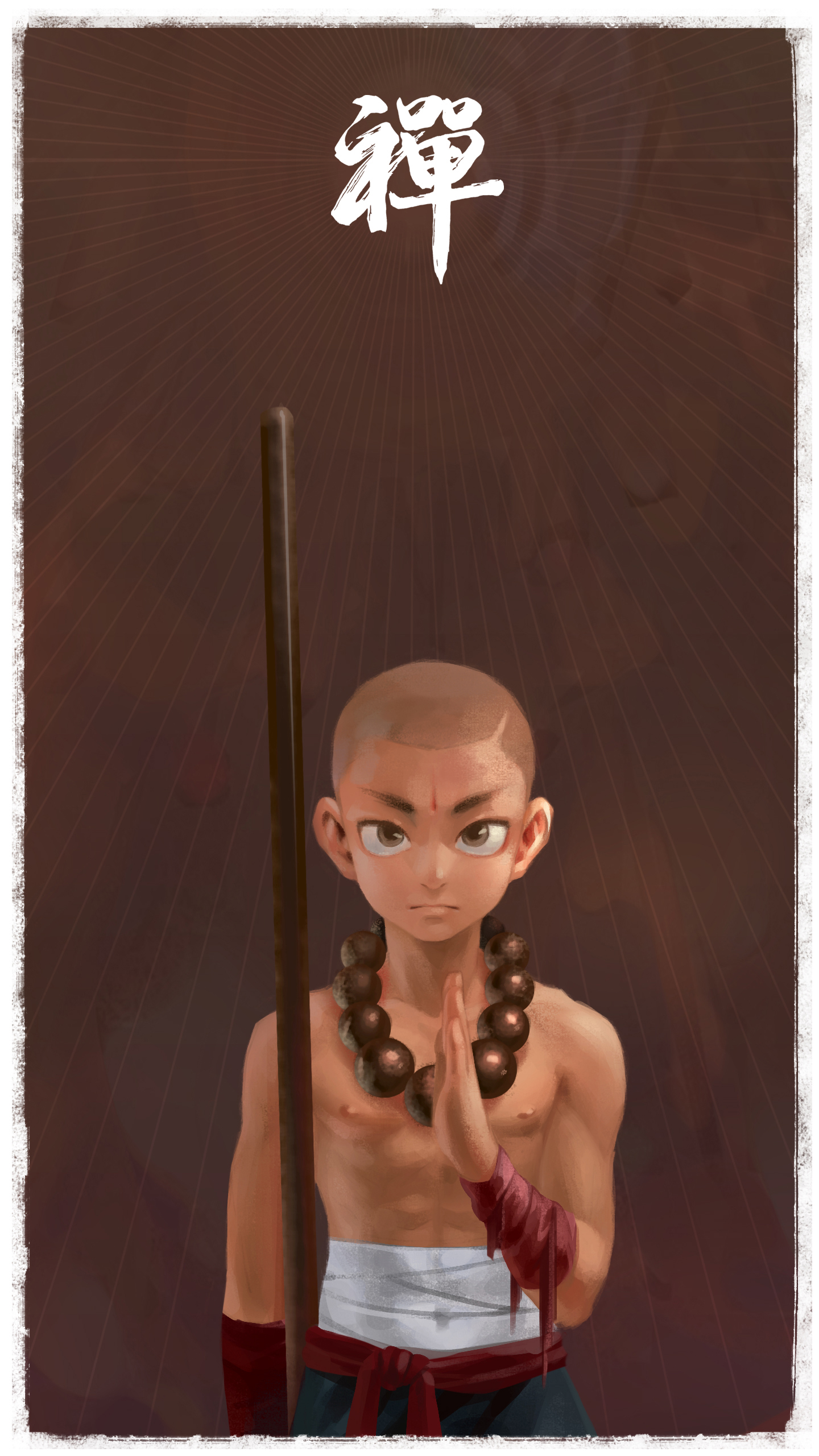 ryou hiryuu, original, tagme, 1boy, bandaged chest, bead necklace, beads, border, buzz cut, jewelry, male focus, necklace, nipples, shaved head, solo, staff, very short hair